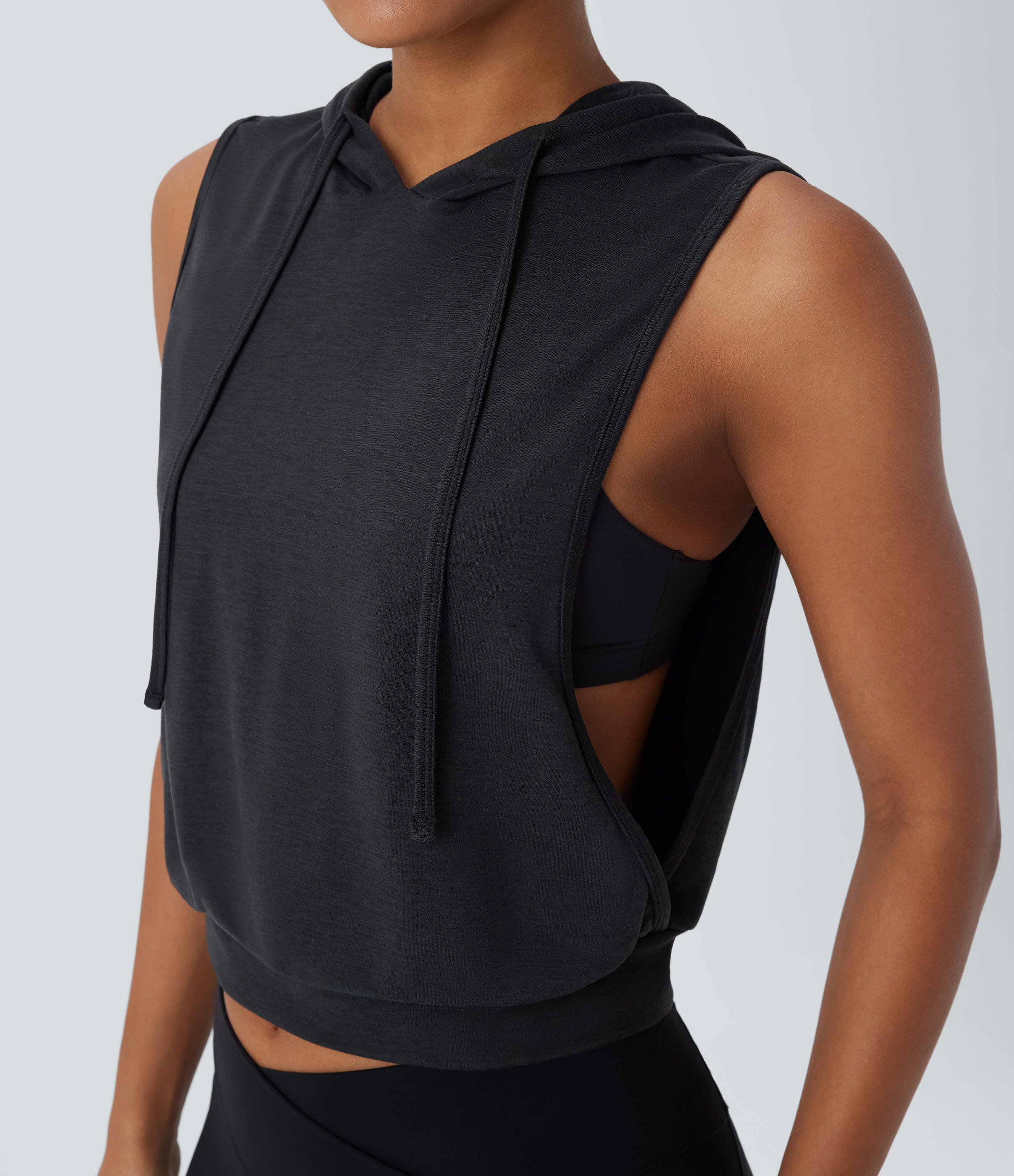 Halara Hooded Drawstring Sleeveless Cropped Running Tank Top Tank Top - Mottled Hemp Black - M golf tops halter top tunic tops 