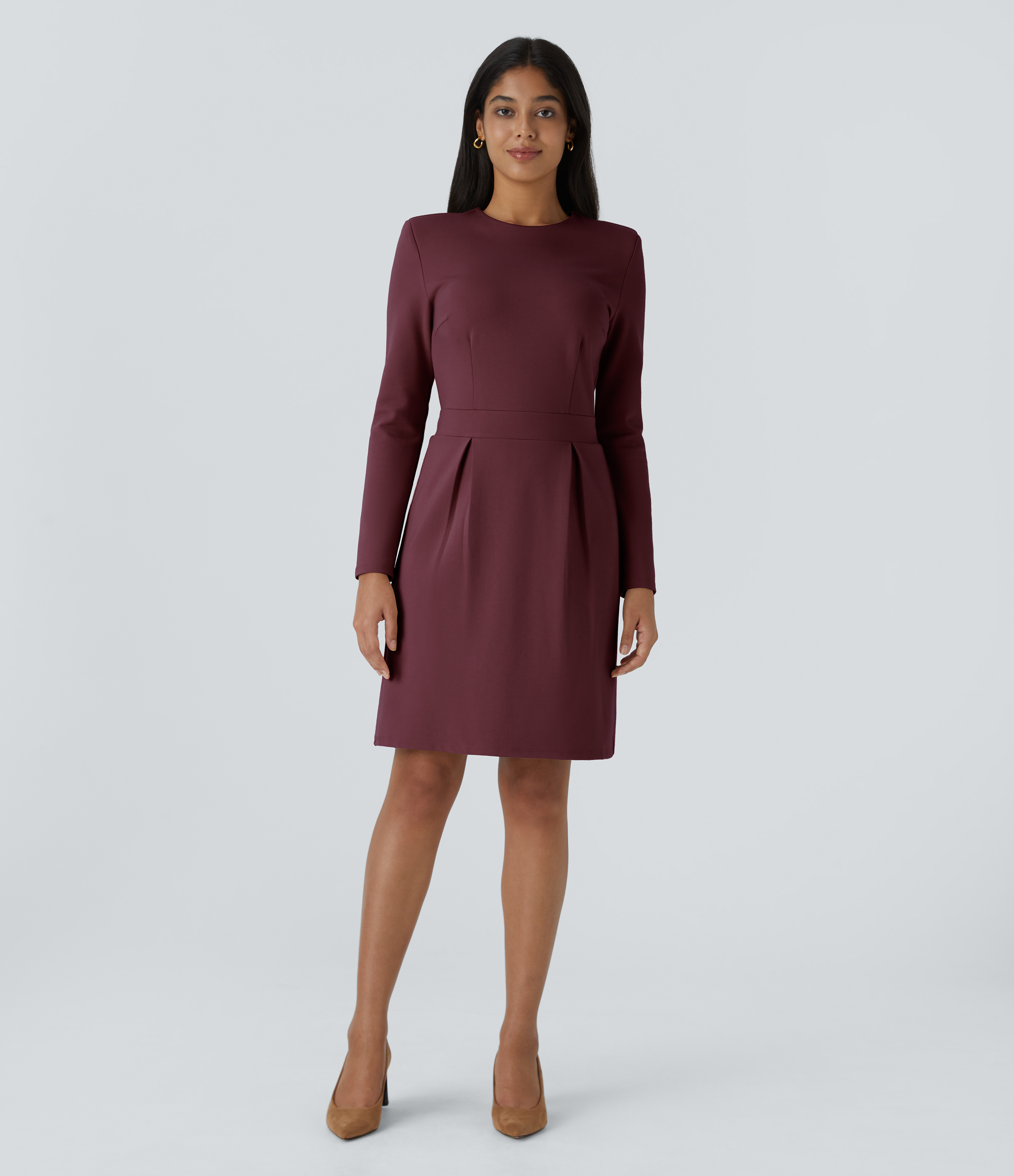 Halara Round Neck Shoulder Pad Long Sleeve Invisible Zipper Split Hem Slim Mini Work Dress Casual Dress - Chocolate Truffle - XS(regular) 
