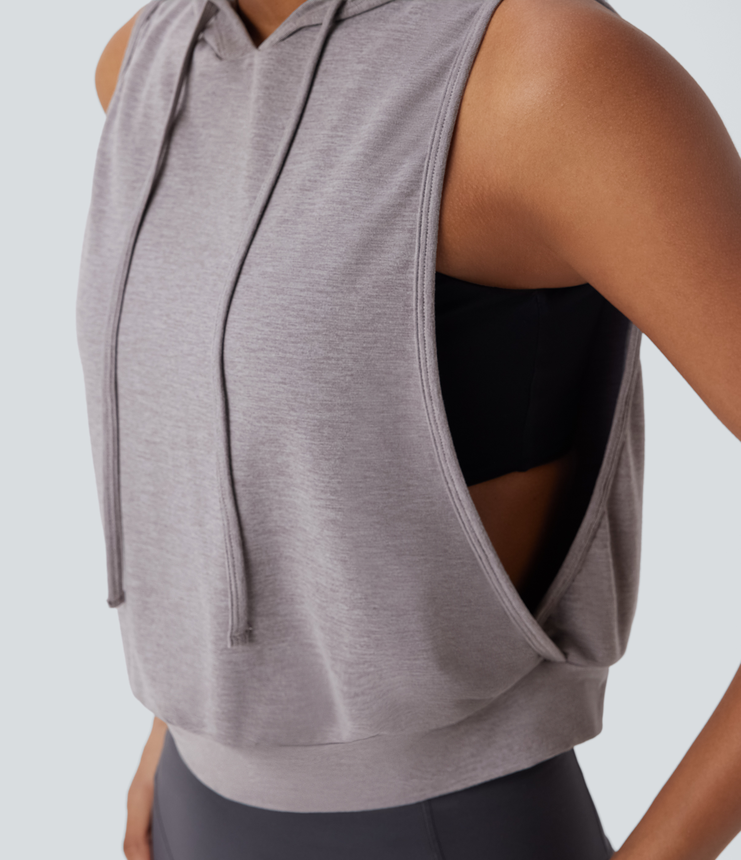 Halara Hooded Drawstring Sleeveless Cropped Running Tank Top Tank Top - Mottled Earth Gray - M golf tops halter top tunic tops 