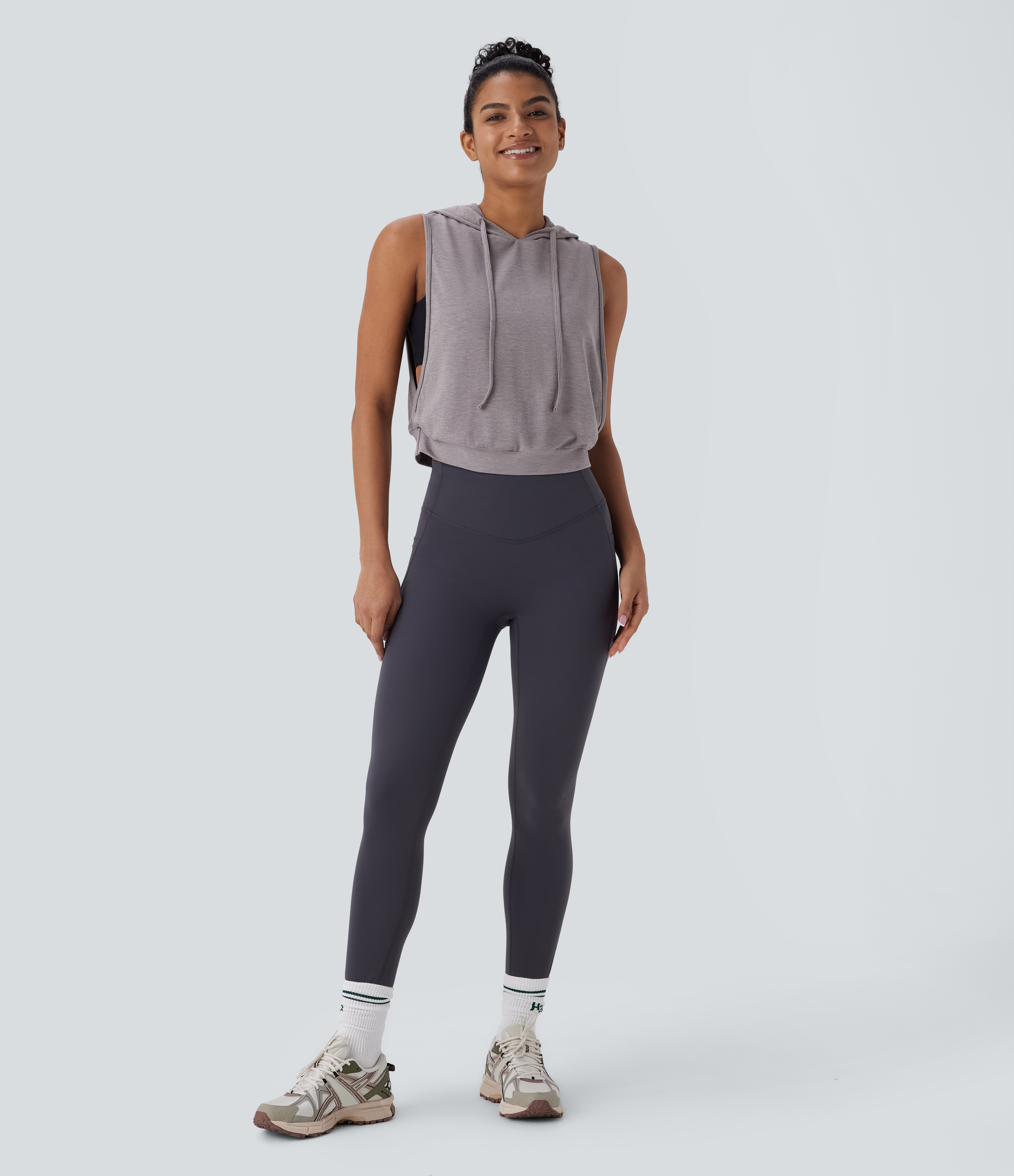 Halara Hooded Drawstring Sleeveless Cropped Running Tank Top Tank Top - Mottled Earth Gray - M golf tops halter top tunic tops 