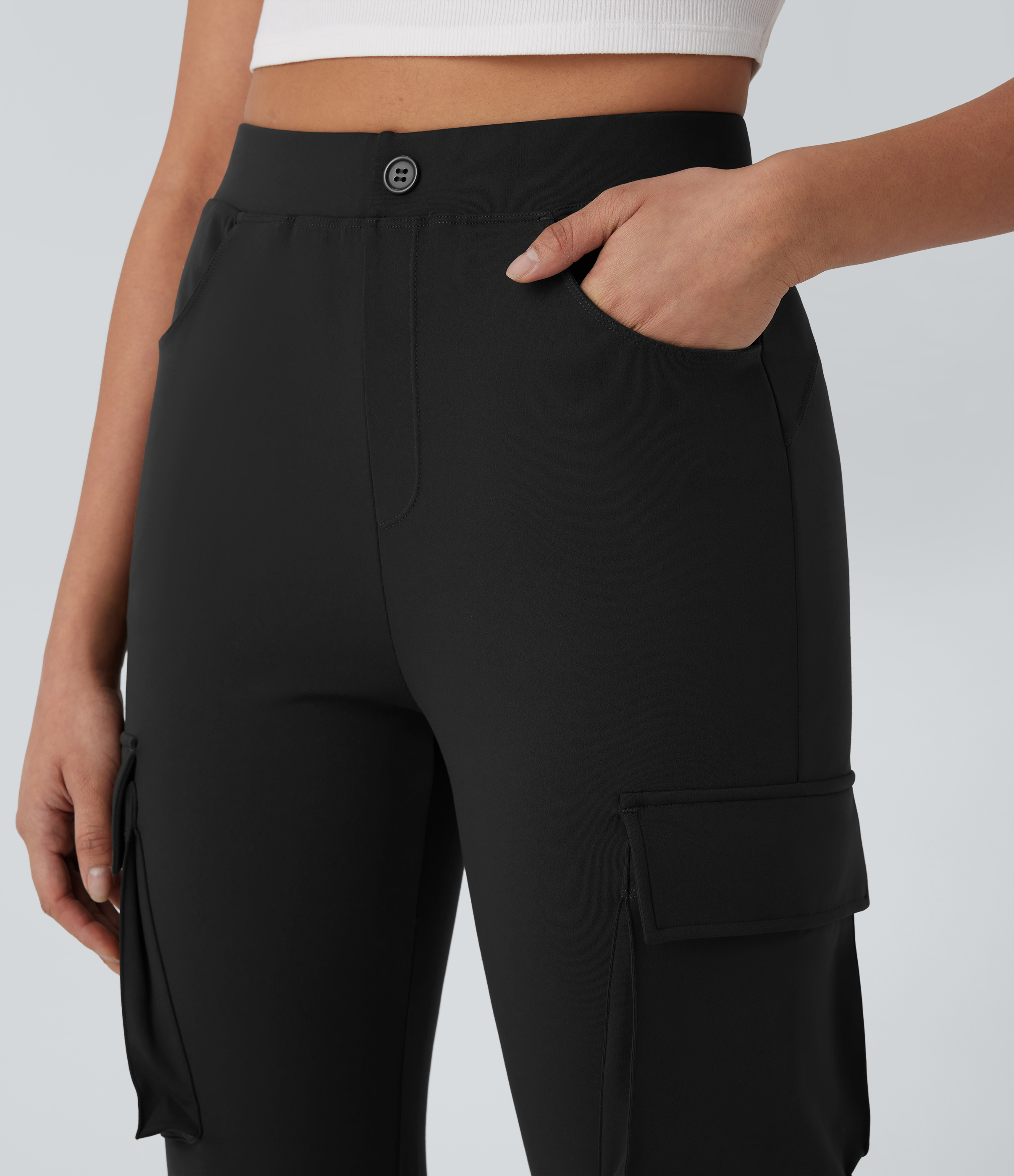 Halara High Waist Multiple Pockets Flare Casual Cargo Pants  - Black - XL(regular) sweatpants jogger pants stacked sweatpants cargo joggers 