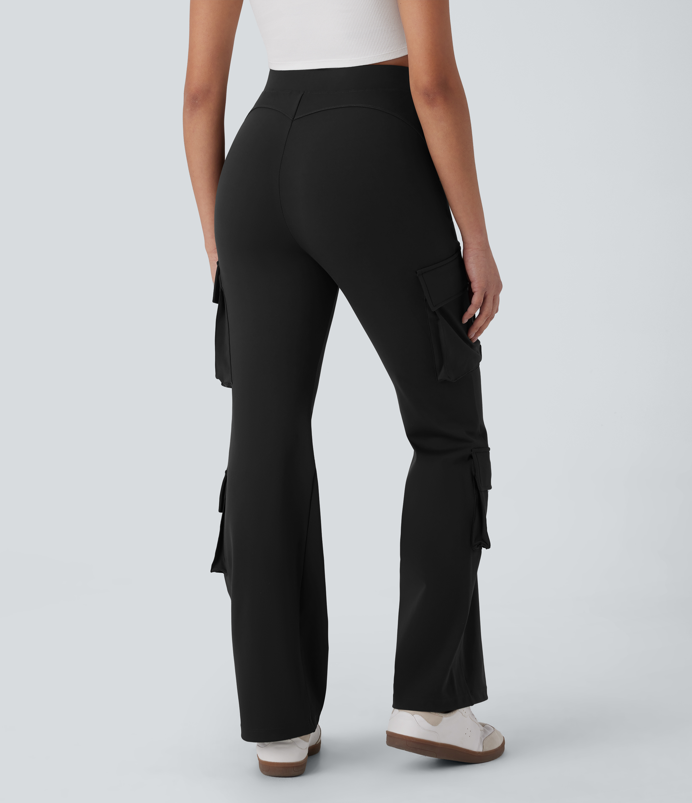 Halara High Waist Multiple Pockets Flare Casual Cargo Pants  - Black - XL(regular) sweatpants jogger pants stacked sweatpants cargo joggers 