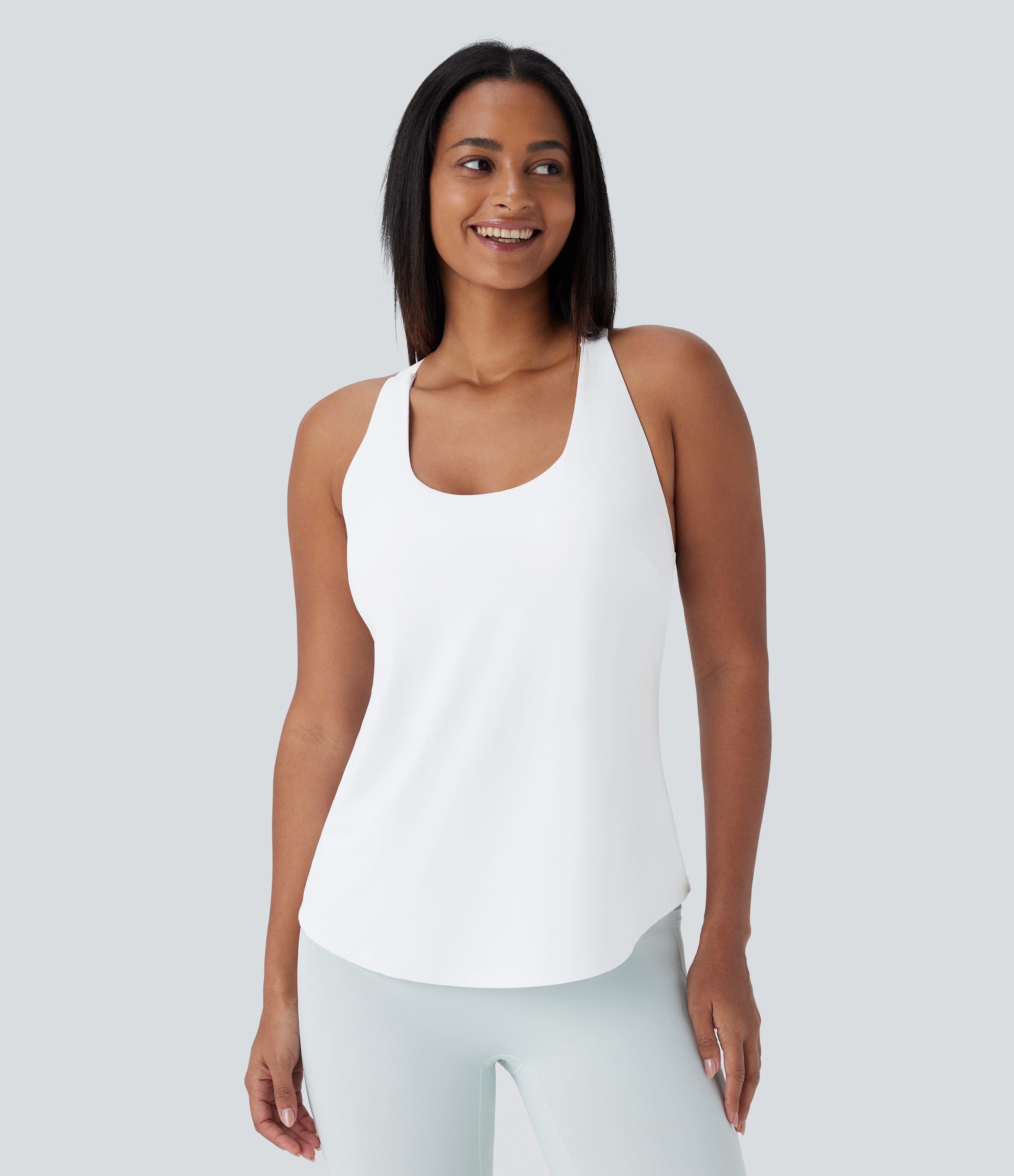 Halara U Neck Backless Crisscross Curved Hem Cool Touch Yoga Tank Top Tank Top - White - M golf tops halter top tunic tops sleeveless tops 