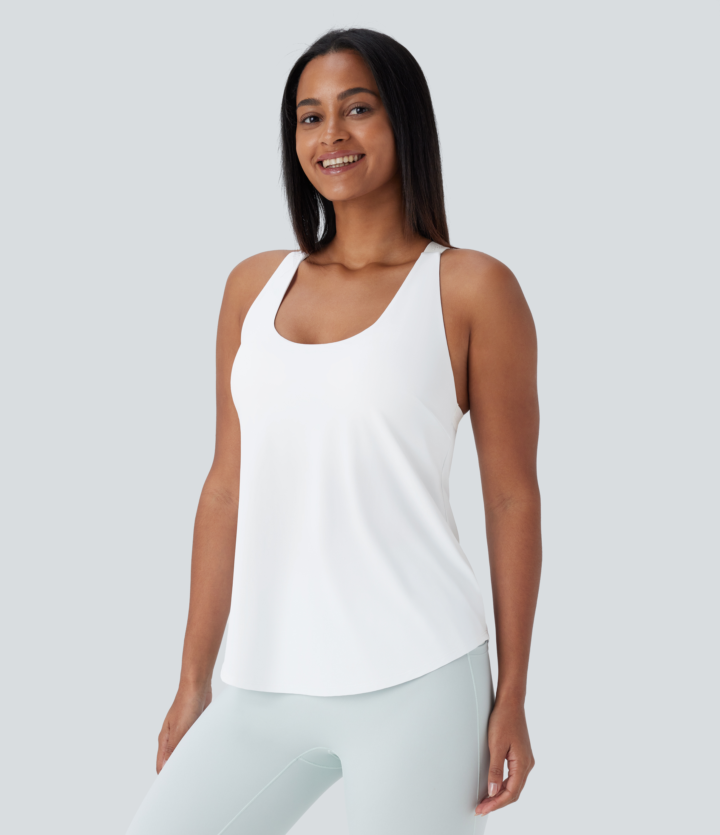 Halara U Neck Backless Crisscross Curved Hem Cool Touch Yoga Tank Top Tank Top - White - M golf tops halter top tunic tops sleeveless tops 