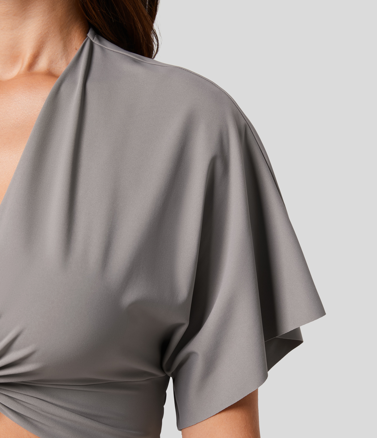 Halara V Neck Short Sleeve Twisted Shirred Cropped Casual Blouse  - Steeple Gray - S 