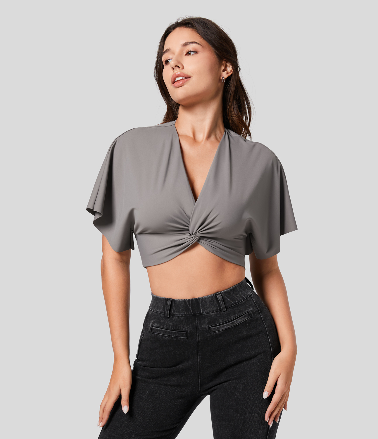 Halara V Neck Short Sleeve Twisted Shirred Cropped Casual Blouse  - Steeple Gray - S 