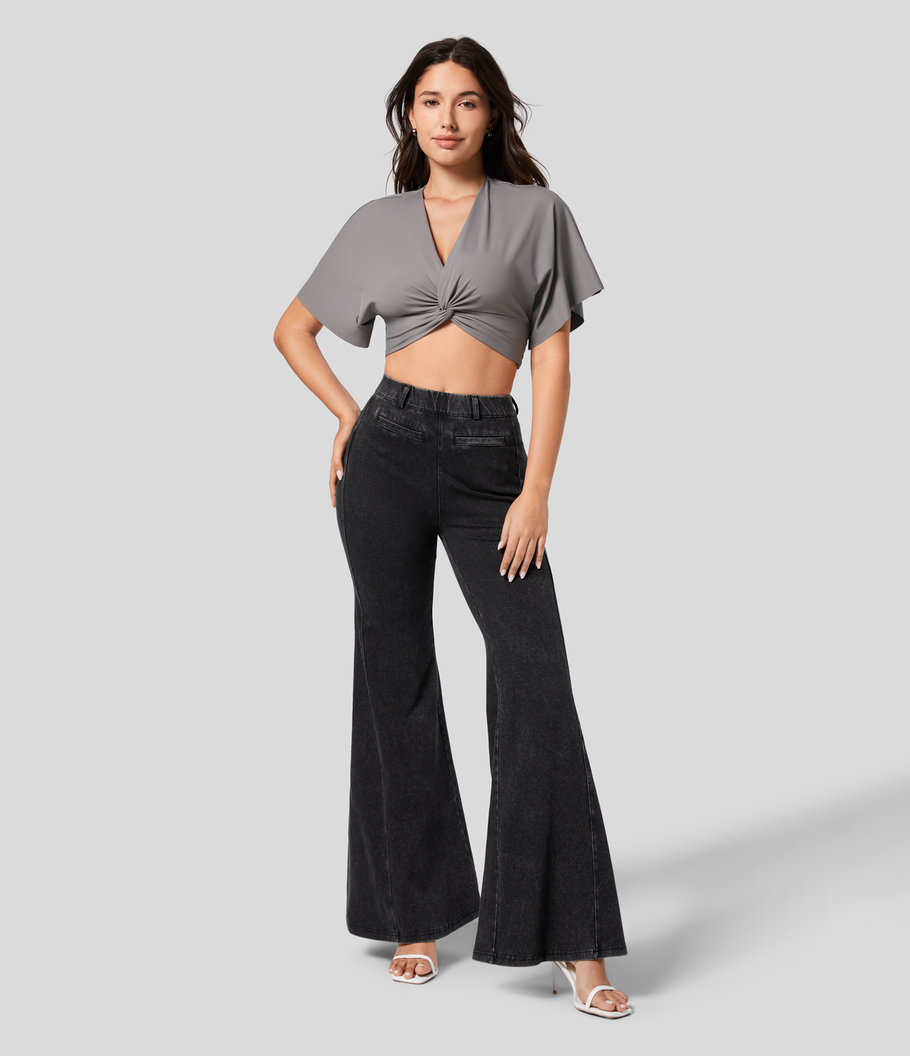 Halara V Neck Short Sleeve Twisted Shirred Cropped Casual Blouse  - Steeple Gray - S 