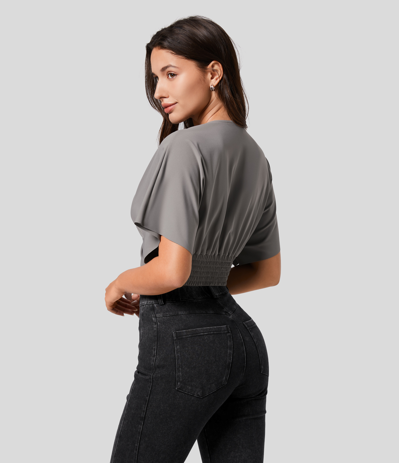 Halara V Neck Short Sleeve Twisted Shirred Cropped Casual Blouse  - Steeple Gray - S 