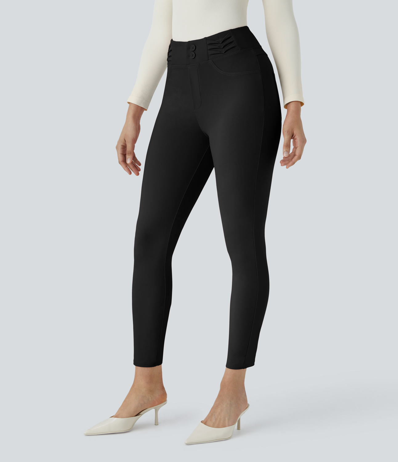 Halara HalaraFlexв„ў High Waisted Decorative Button Back Side Pocket Skinny Work Pants  - Black - L(regular) sweatpants jogger pants 