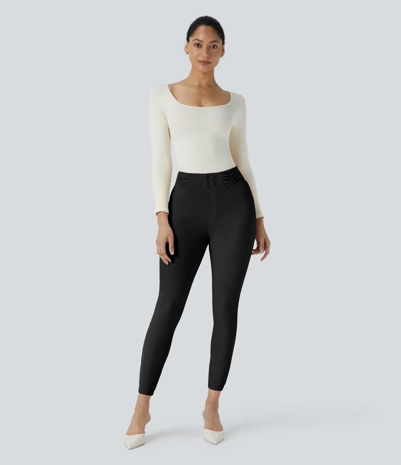 Halara HalaraFlexв„ў High Waisted Decorative Button Back Side Pocket Skinny Work Pants  - Black - L(regular) sweatpants jogger pants 