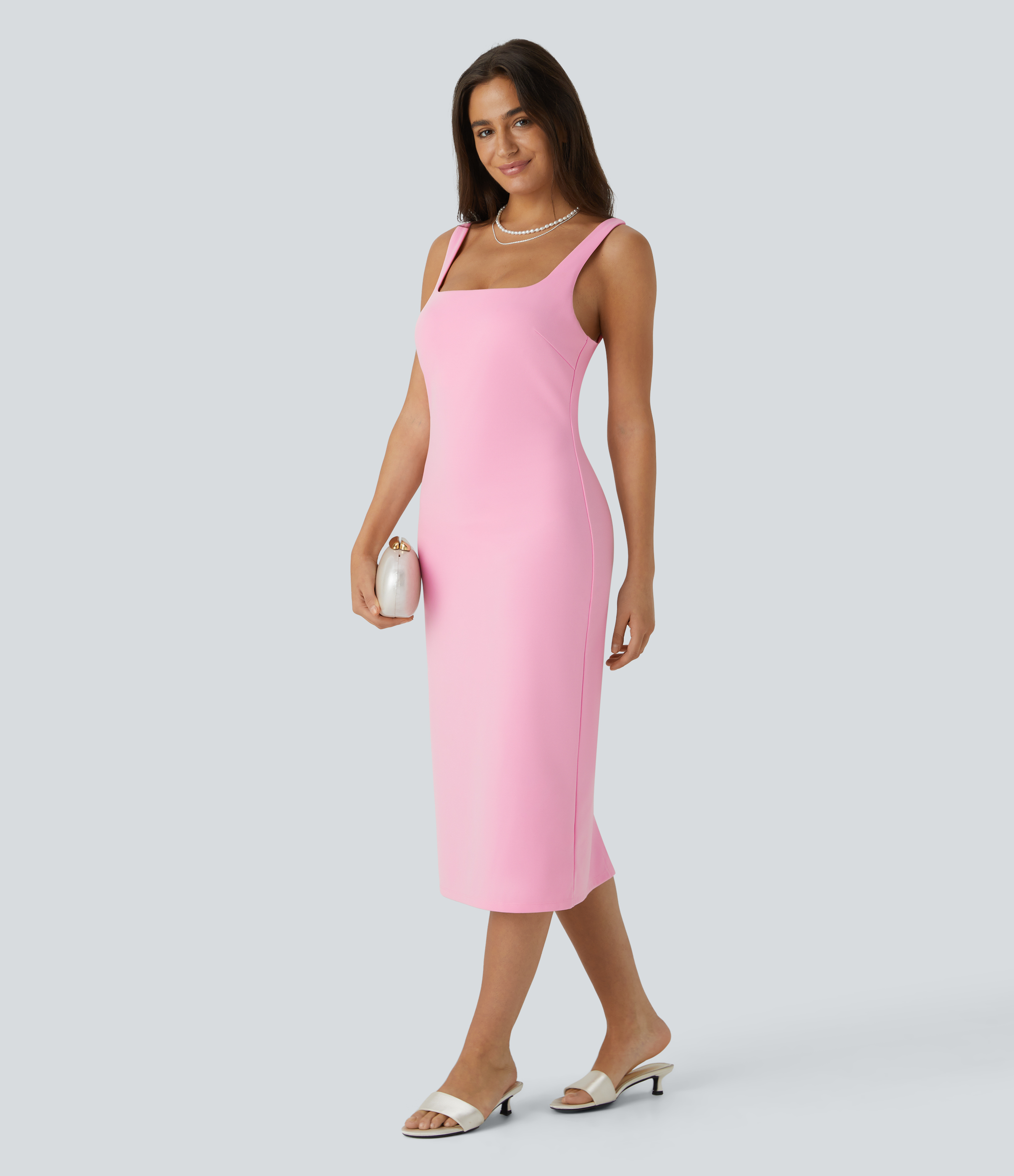 Halara Backless Split Bodycon Built-in Mesh Shapewear Midi Party Tank Dress Casual Dress - Prism Pink - XL slip dress beach dress 