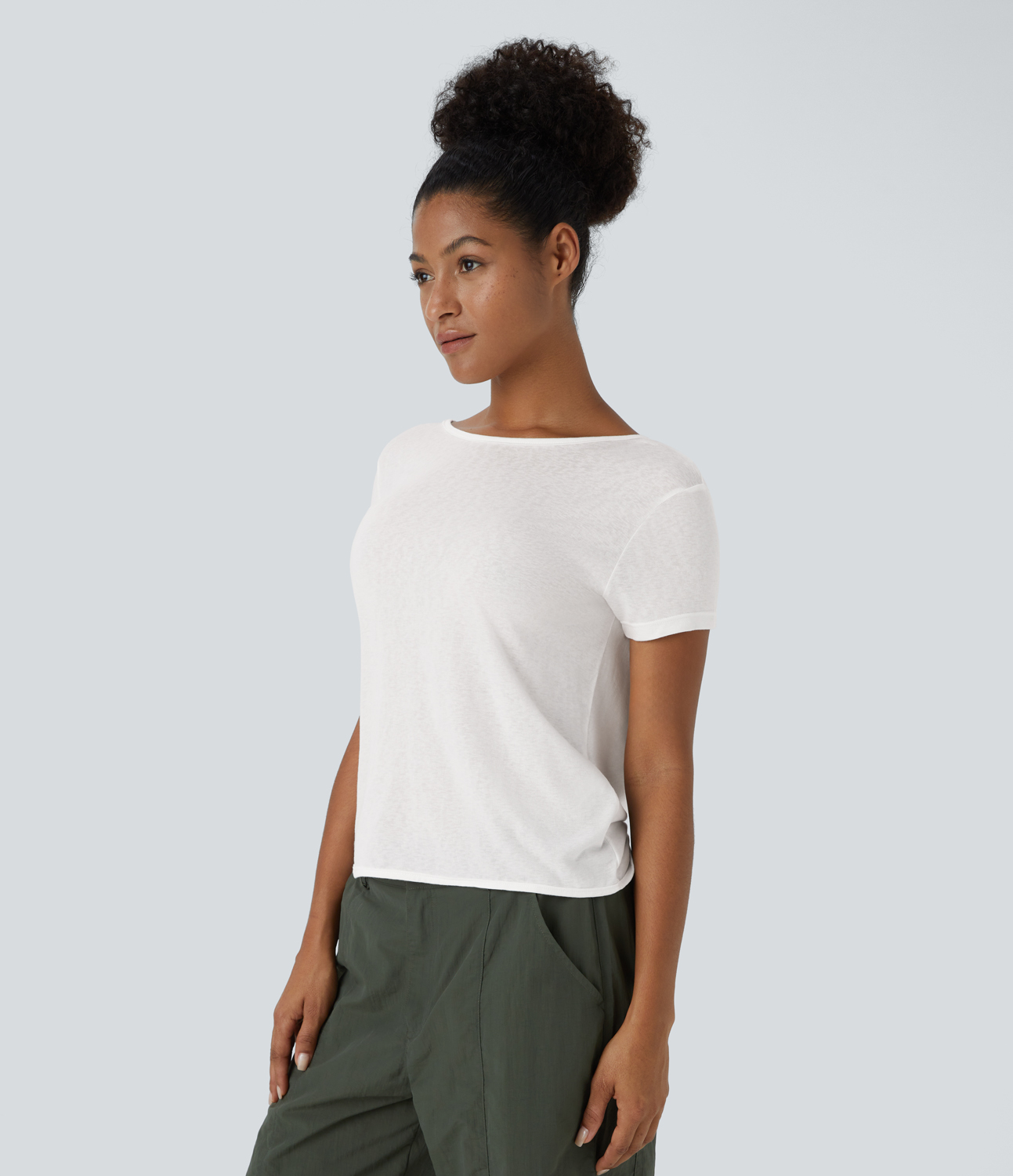 Halara Sheer Short Sleeve V Back Draped Sports Top  - White - S 