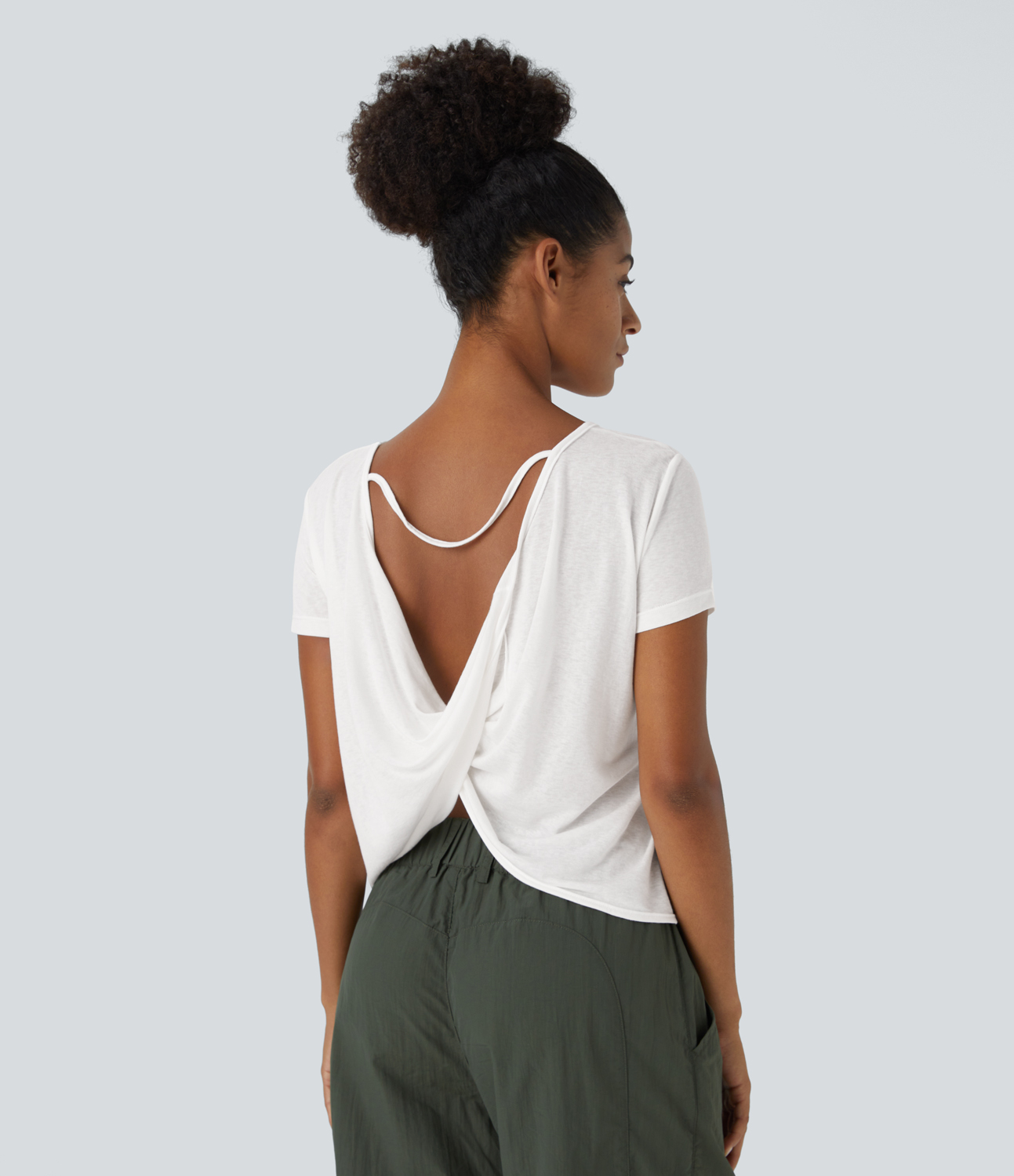 Halara Sheer Short Sleeve V Back Draped Sports Top  - White - S 