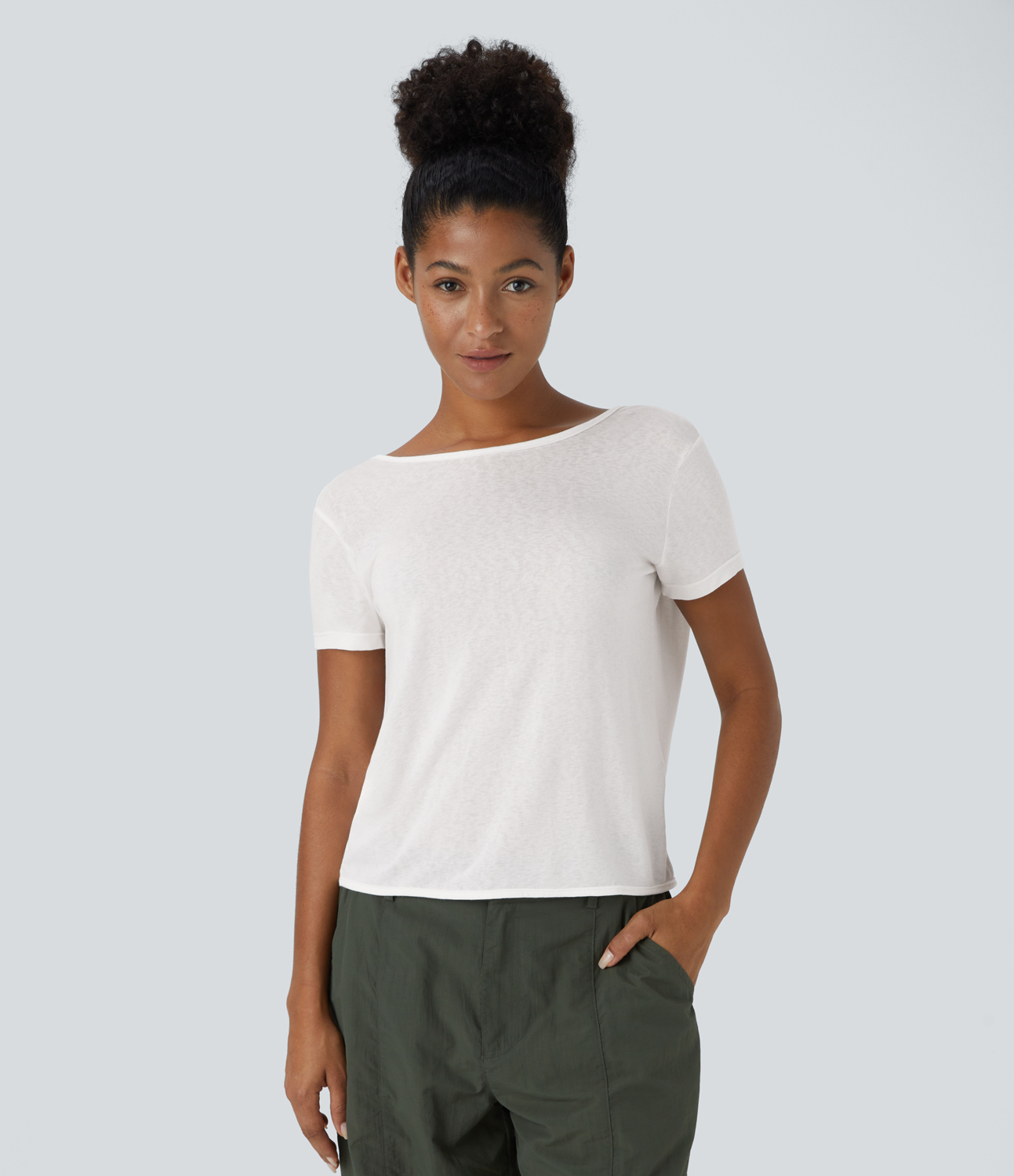 Halara Sheer Short Sleeve V Back Draped Sports Top  - White - S 