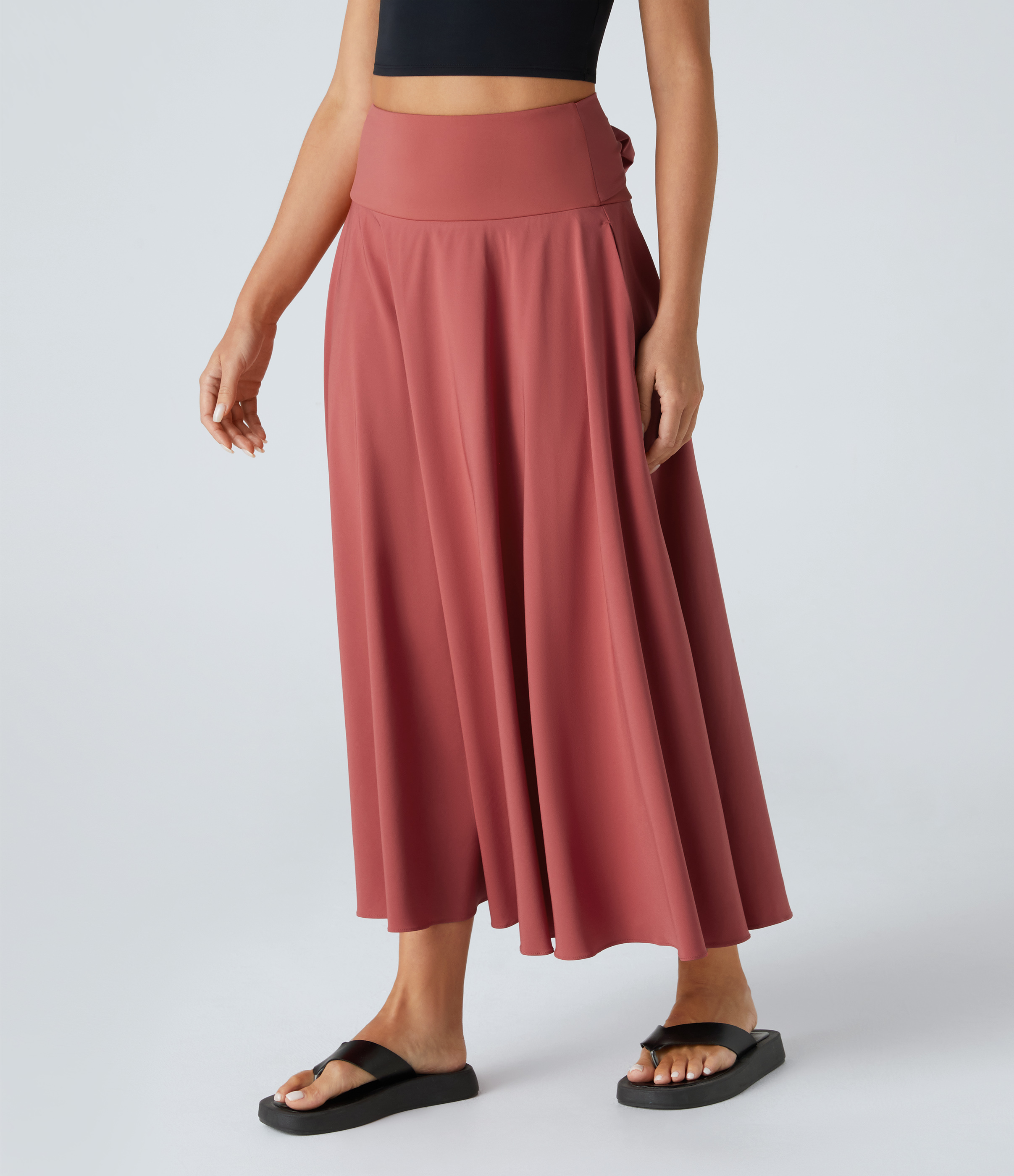 Halara Breezefulв„ў High Waisted Tie Back Side Pocket 2-in-1 Flowy Quick Dry Midi Casual Skirt  - Kapok Red - XS(regular) 