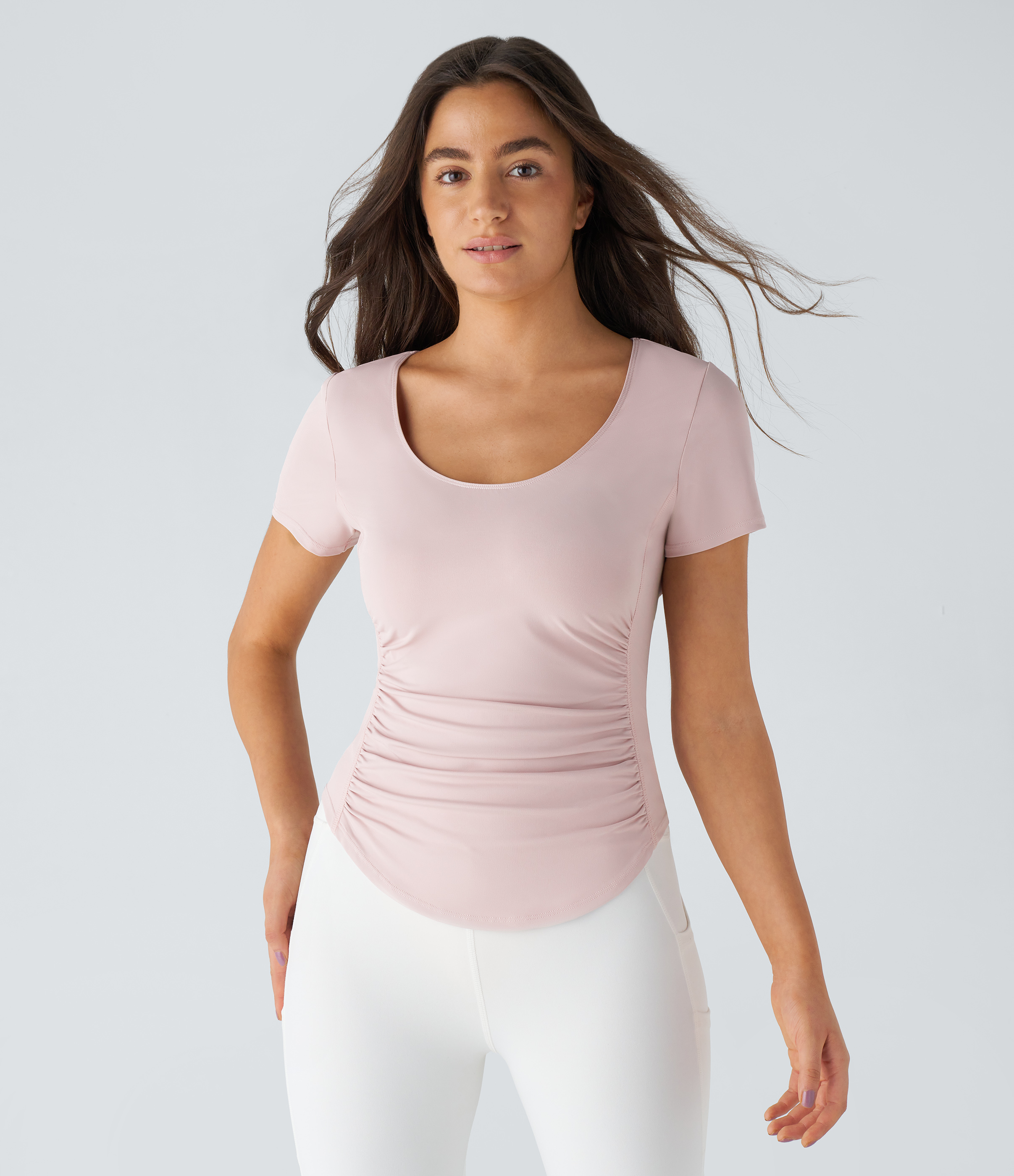 Halara U Neck Short Sleeve Backless Cut Out Ruched Curved Hem Yoga Sports Top  - Pale Lilac - XL 