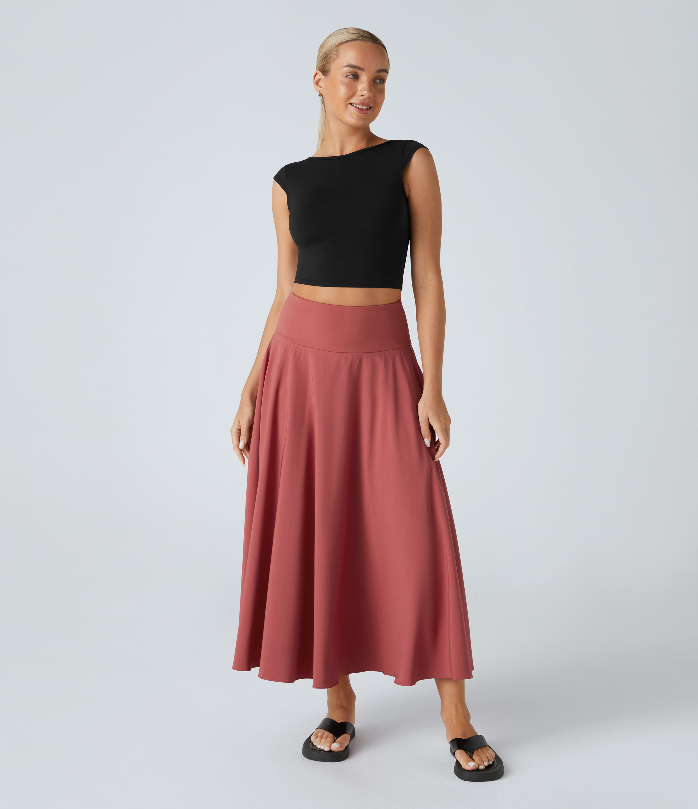 Halara Breezefulв„ў High Waisted Tie Back Side Pocket 2-in-1 Flowy Quick Dry Midi Casual Skirt  - Kapok Red - XS(regular) 