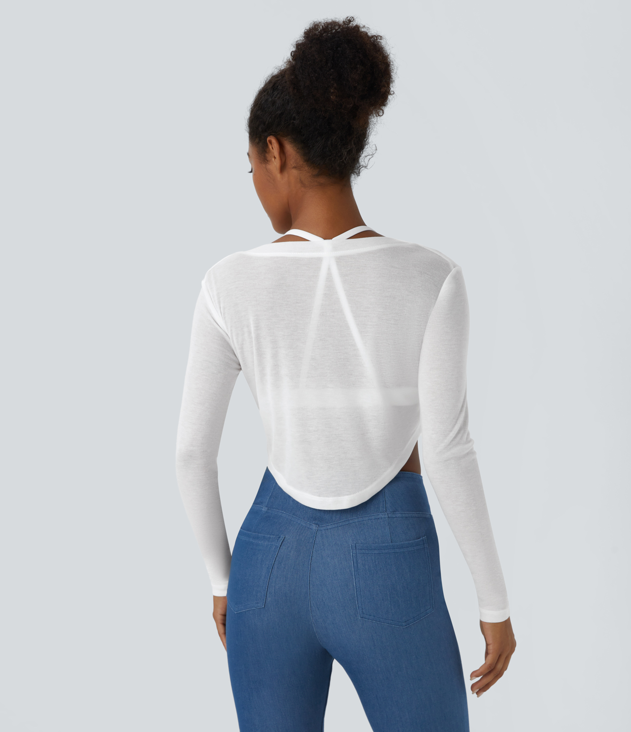 Halara V Neck Button Long Sleeve Curved Hem Cropped Casual Sports Top  - White - S 