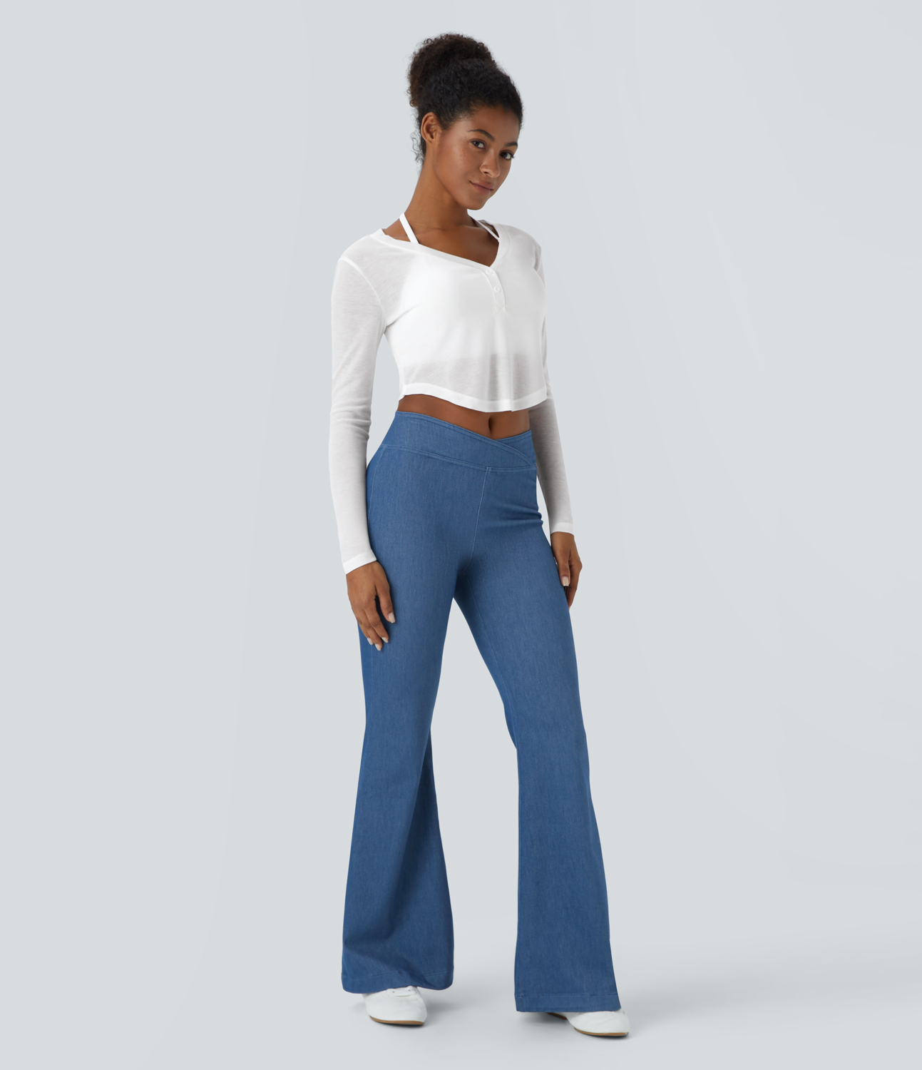 Halara V Neck Button Long Sleeve Curved Hem Cropped Casual Sports Top  - White - S 