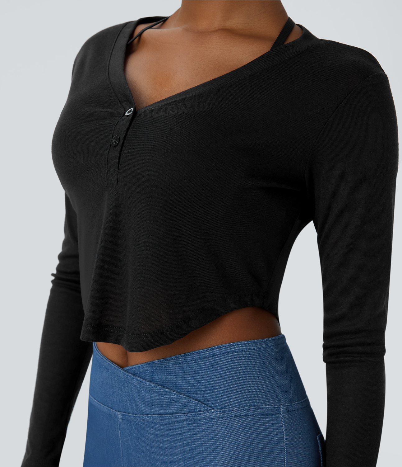 Halara V Neck Button Long Sleeve Curved Hem Cropped Casual Sports Top  - Black - XL 