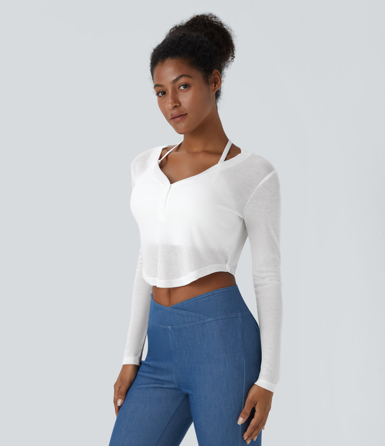 Halara V Neck Button Long Sleeve Curved Hem Cropped Casual Sports Top  - White - S 