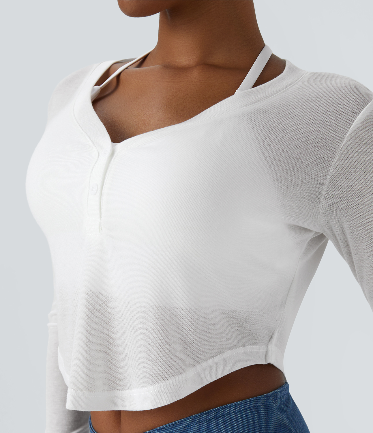 Halara V Neck Button Long Sleeve Curved Hem Cropped Casual Sports Top  - White - S 