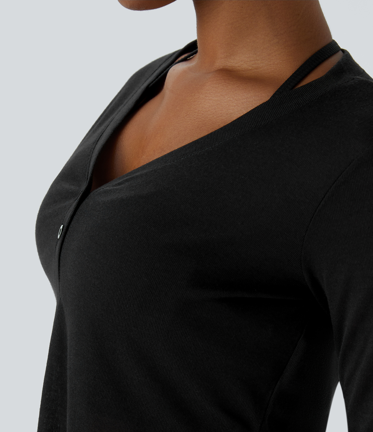 Halara V Neck Button Long Sleeve Curved Hem Cropped Casual Sports Top  - Black - XL 