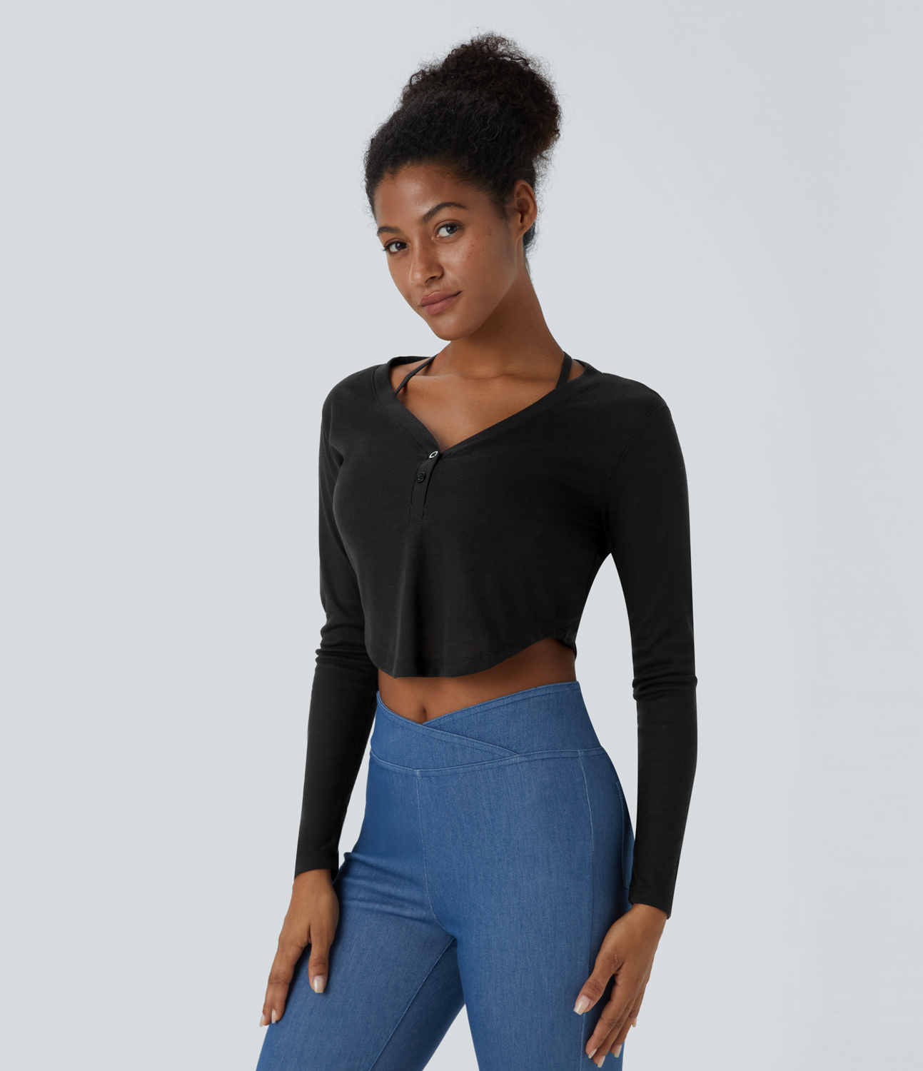 Halara V Neck Button Long Sleeve Curved Hem Cropped Casual Sports Top  - Black - XL 