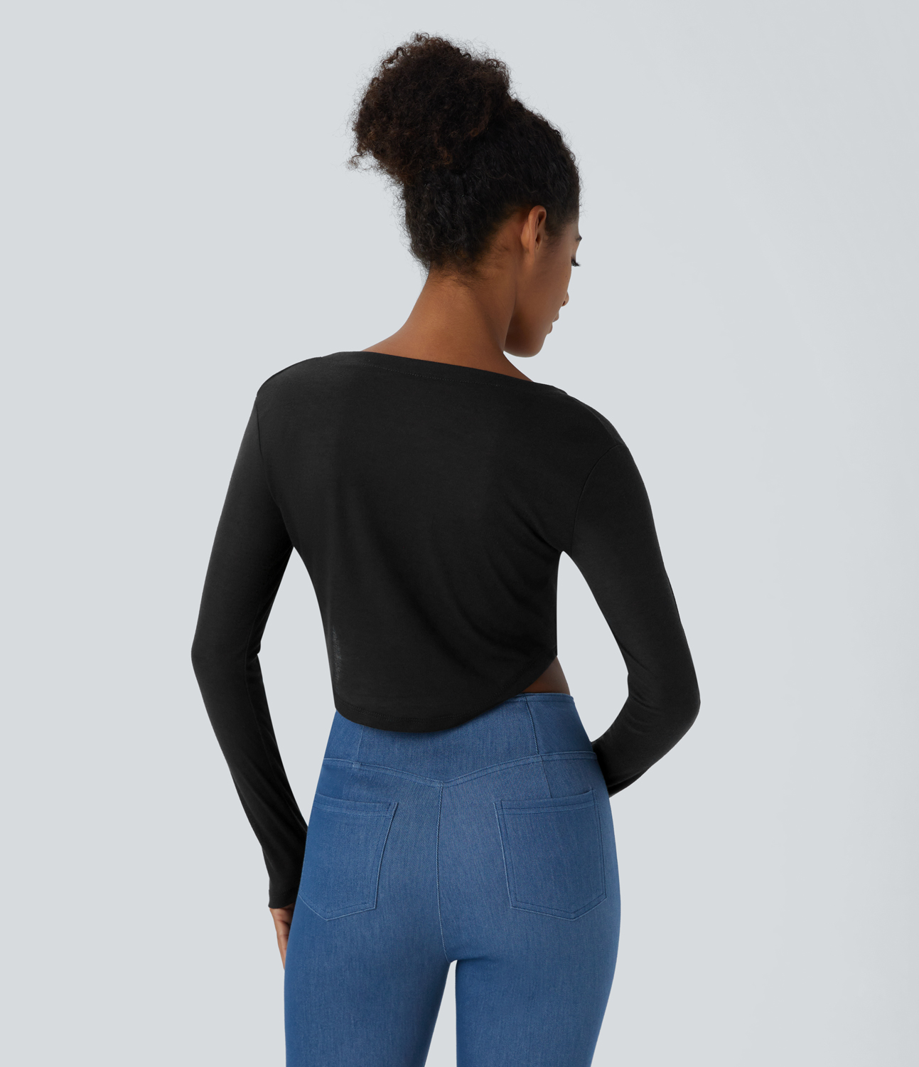Halara V Neck Button Long Sleeve Curved Hem Cropped Casual Sports Top  - Black - XL 