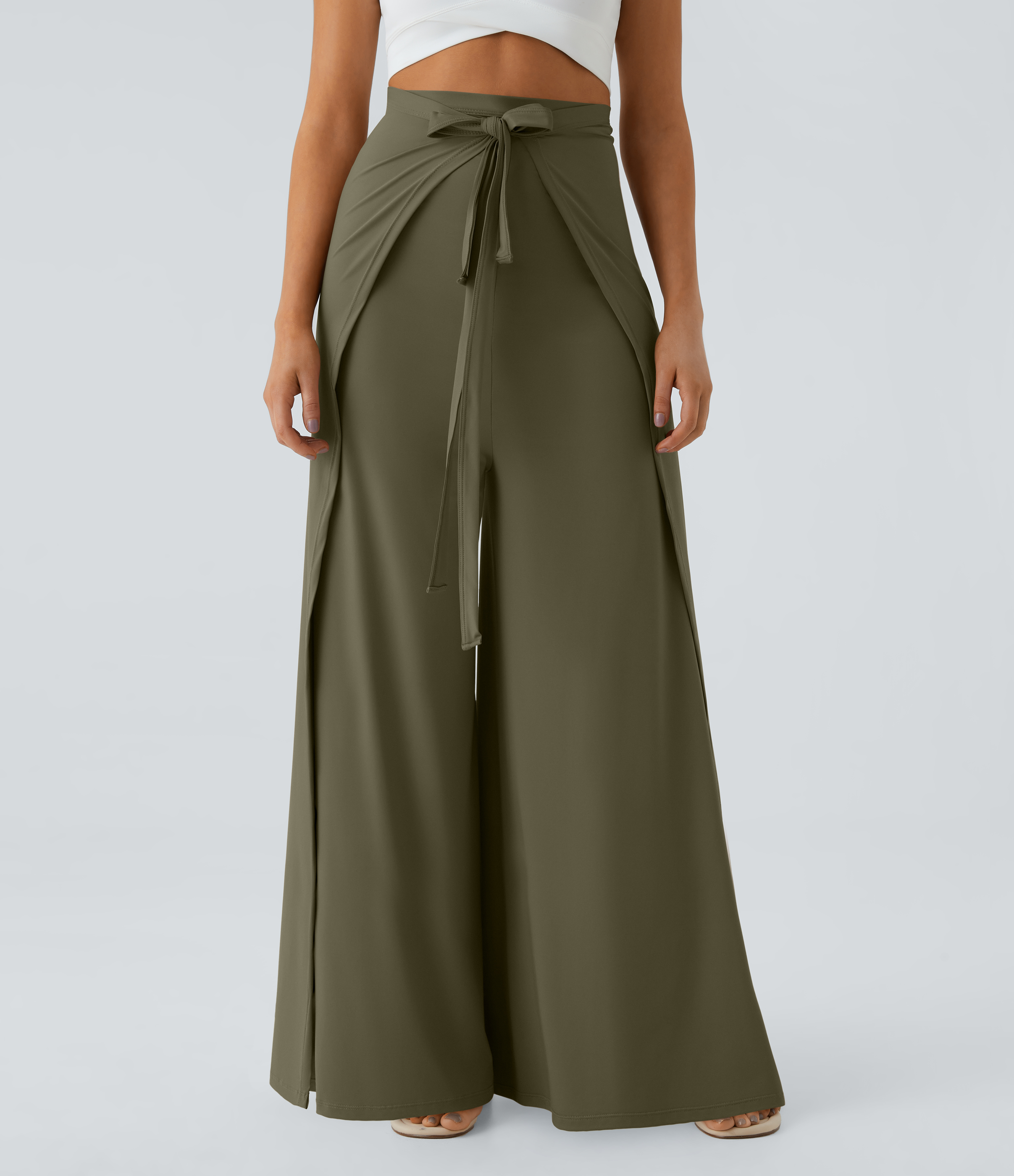 Halara High Waisted Tie Front Split Hem Palazzo Wide Leg Flowy Casual Pants  - Winter Moss - S 