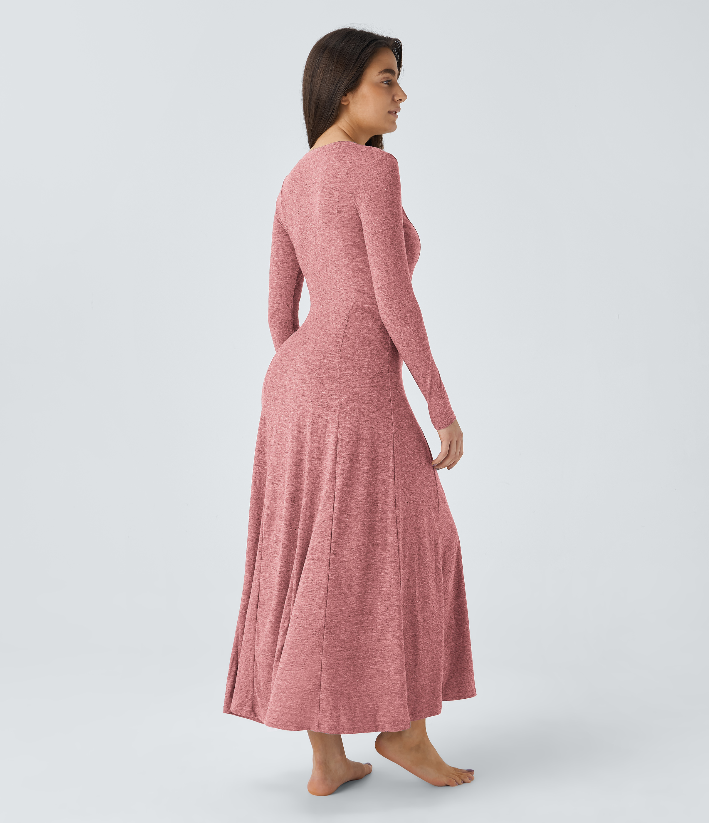 Halara Round Neck Button Long Sleeve Flare Maxi Casual Dress Casual Dress - Brick Red Mix - M slip dress beach dress ruched dress 