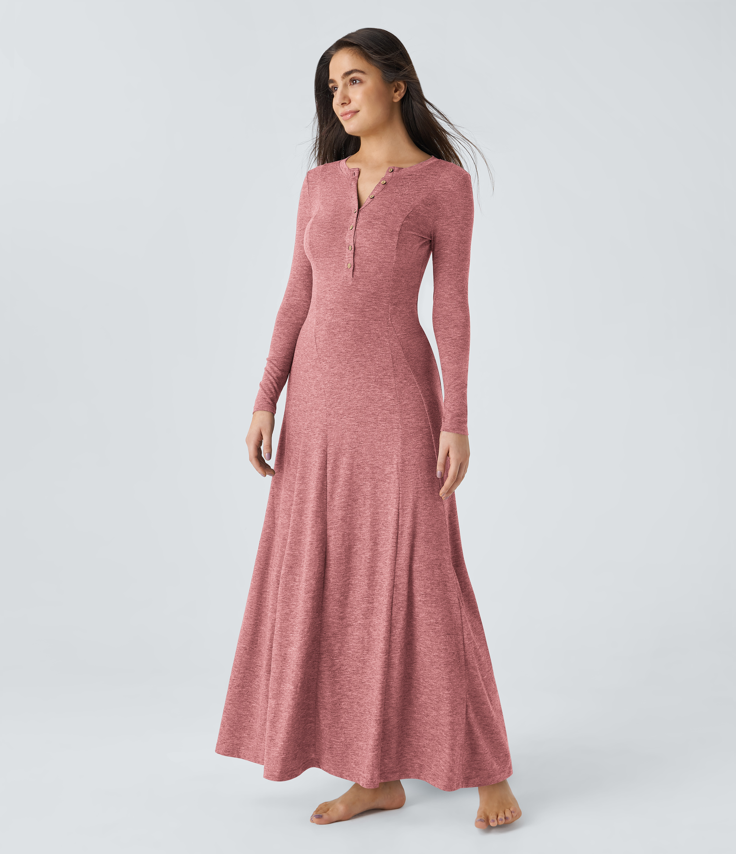 Halara Round Neck Button Long Sleeve Flare Maxi Casual Dress Casual Dress - Brick Red Mix - M slip dress beach dress ruched dress 