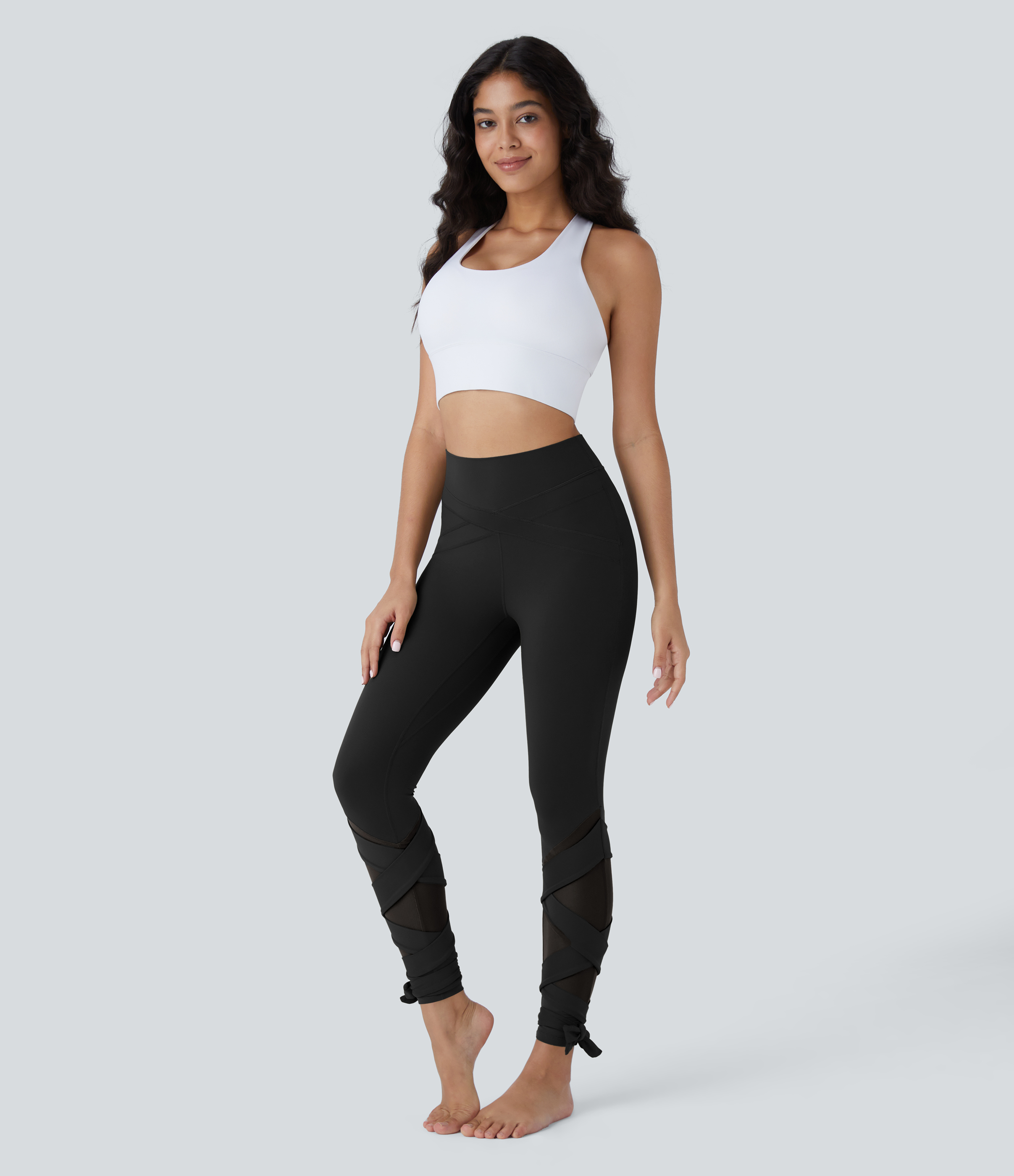 Halara Softlyzeroв„ў High Waisted Contrast Mesh Crisscross Lace Up Yoga 7/8 Leggings  - Black - L(7/8) gym leggings leggings with pockets 