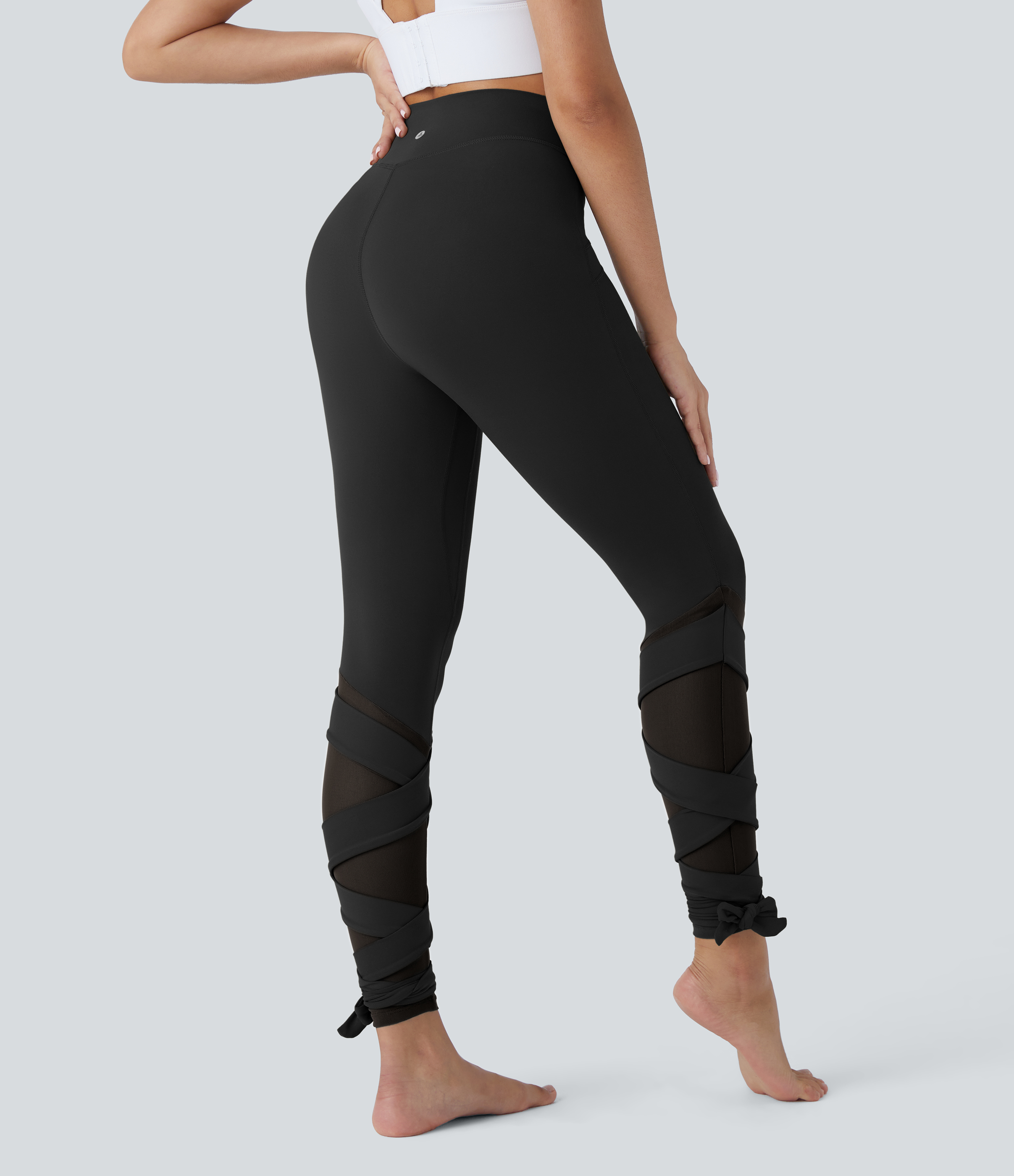 Halara Softlyzeroв„ў High Waisted Contrast Mesh Crisscross Lace Up Yoga 7/8 Leggings  - Black - L(7/8) gym leggings leggings with pockets 