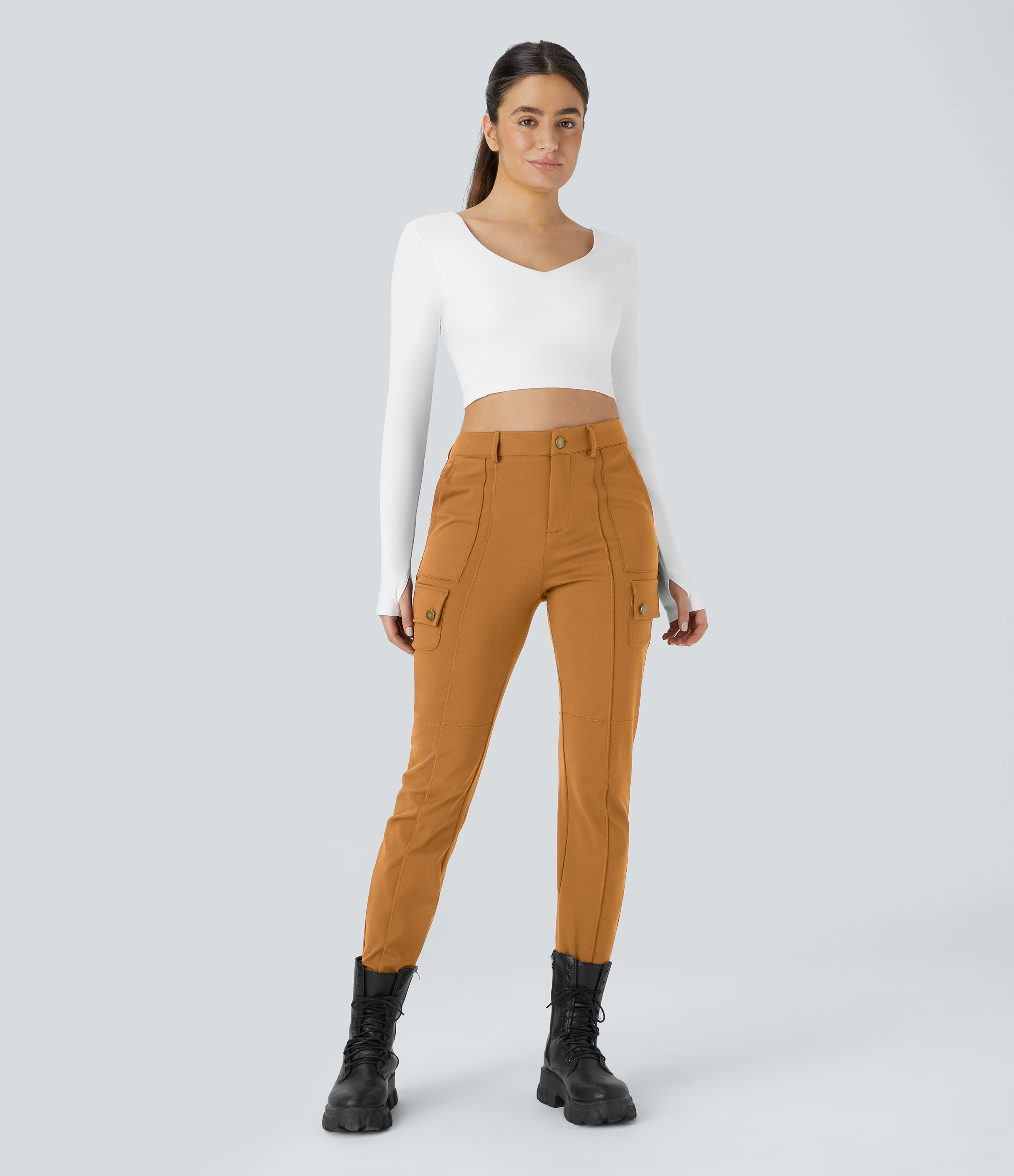 Halara High Waisted Button Zipper Multiple Pockets Solid Skinny Cargo Pants  - Buckskin - XS(regular) 
