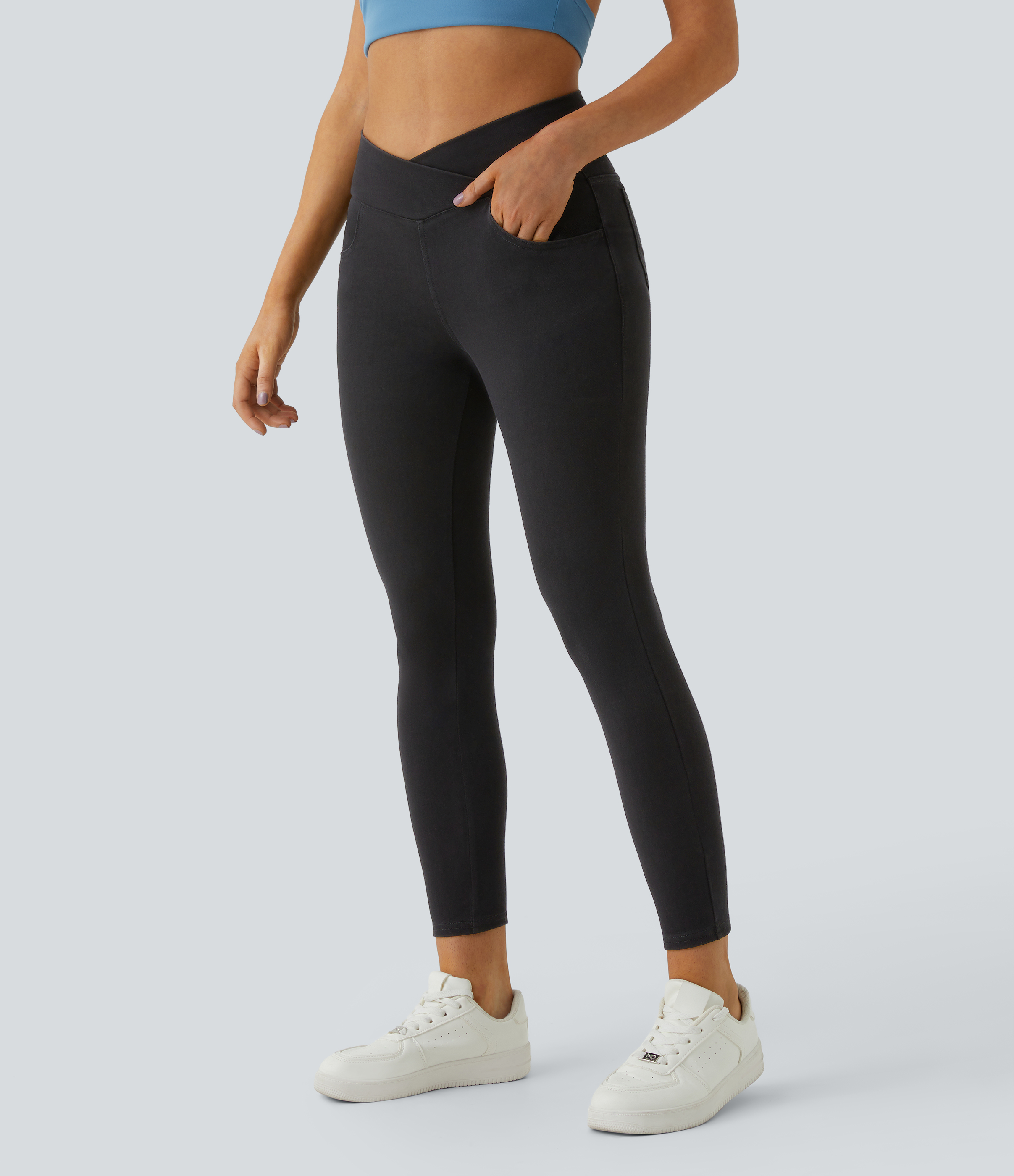 Halara HalaraMagicв„ў Jeans High Waisted Crossover Multiple Pockets Stretchy Knit Denim Work Leggings  - Black - XS 