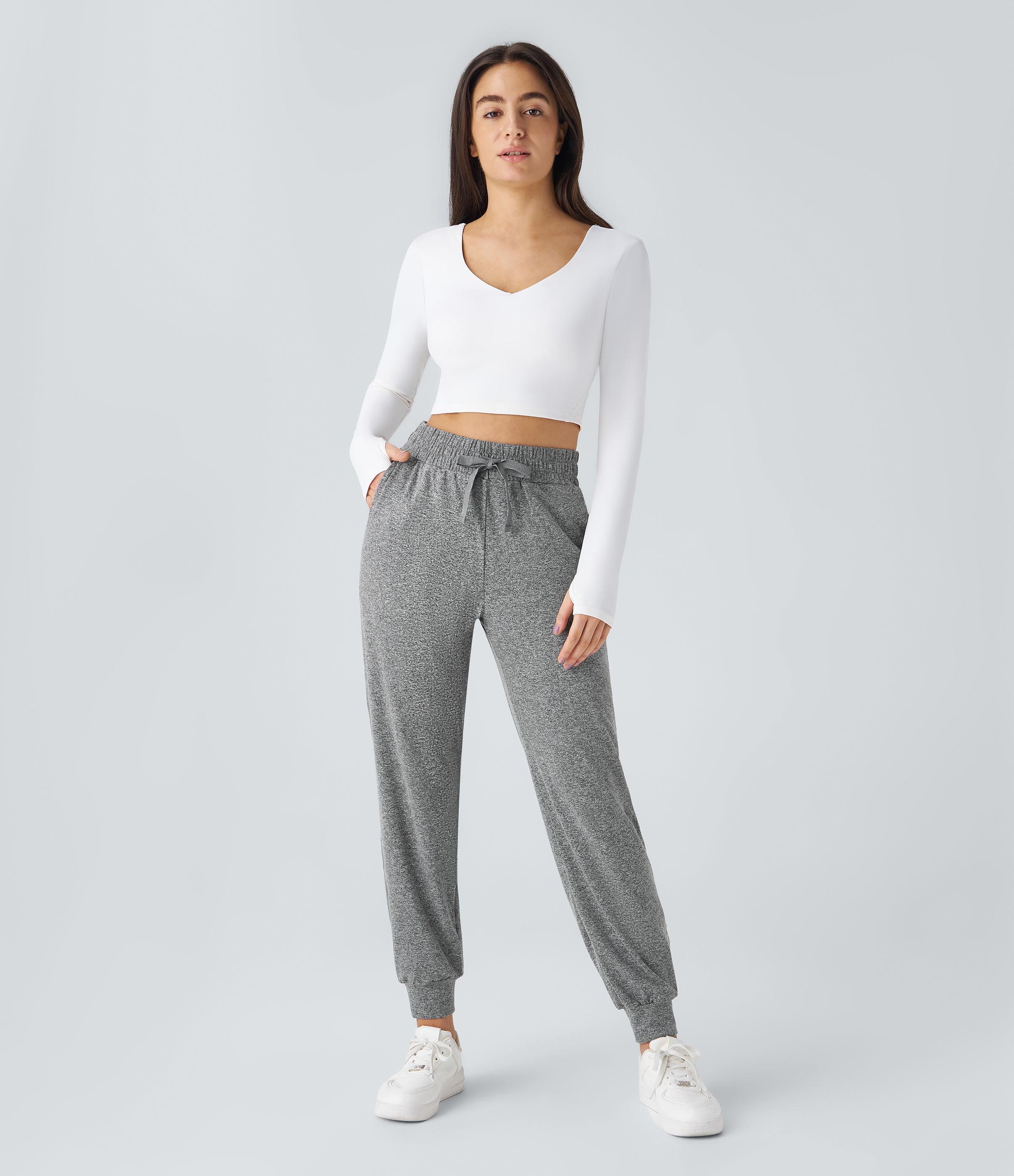 Halara High Waisted Drawstring Side Pocket Ruched Yoga Joggers  - Mottled Light Grey - L(regular) 