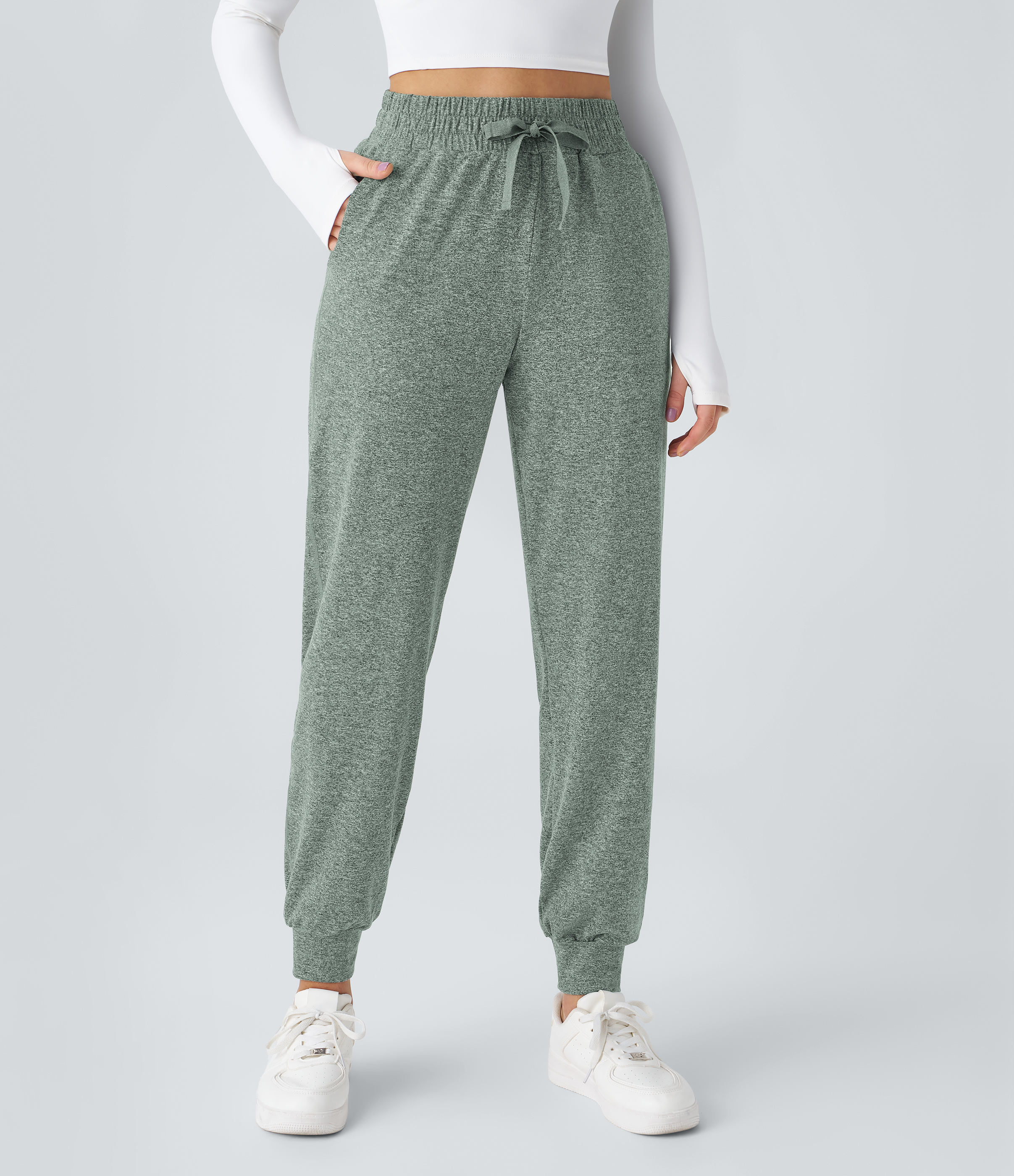 Halara High Waisted Drawstring Side Pocket Ruched Yoga Joggers  - Mottled Pine Green - M(regular) 