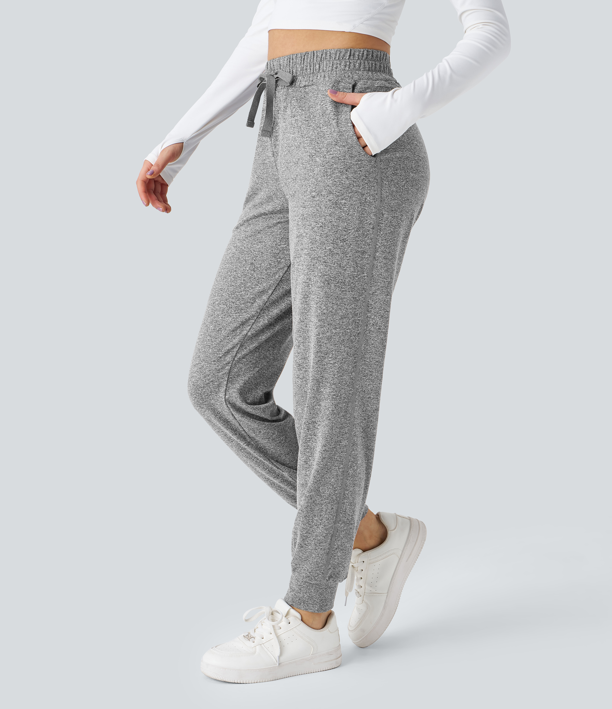 Halara High Waisted Drawstring Side Pocket Ruched Yoga Joggers  - Mottled Light Grey - L(regular) 