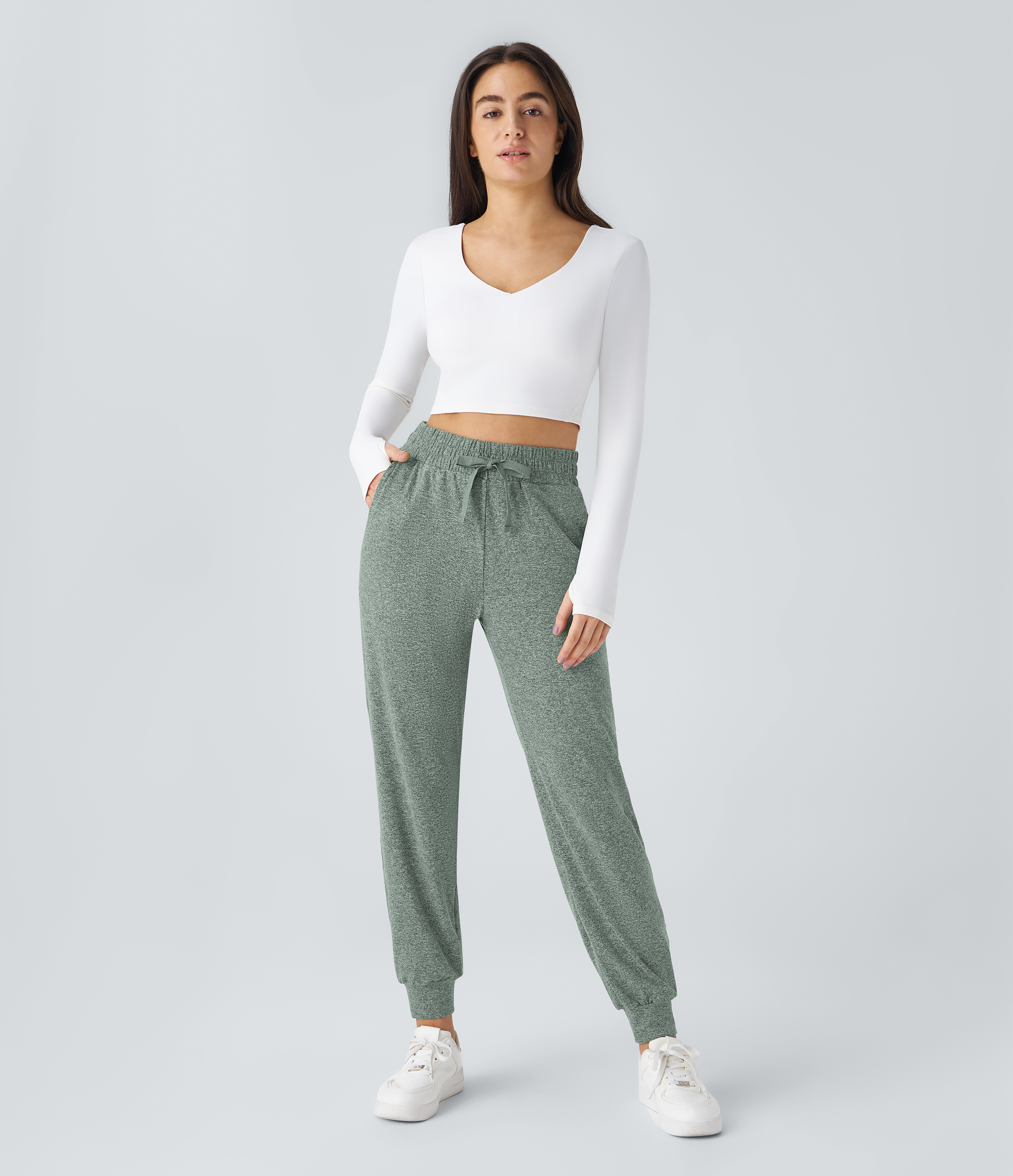 Halara High Waisted Drawstring Side Pocket Ruched Yoga Joggers  - Mottled Pine Green - M(regular) 