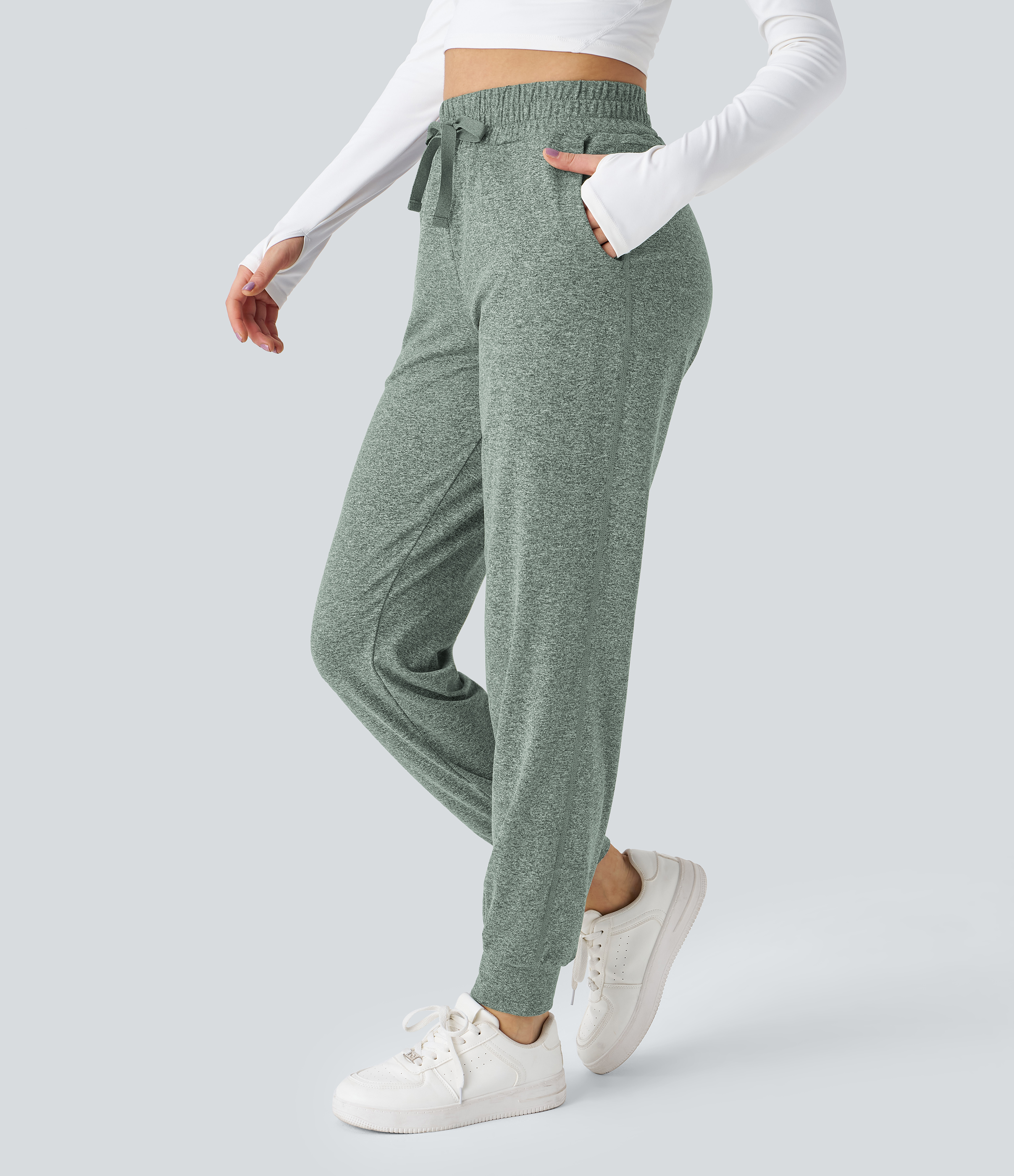 Halara High Waisted Drawstring Side Pocket Ruched Yoga Joggers  - Mottled Pine Green - M(regular) 