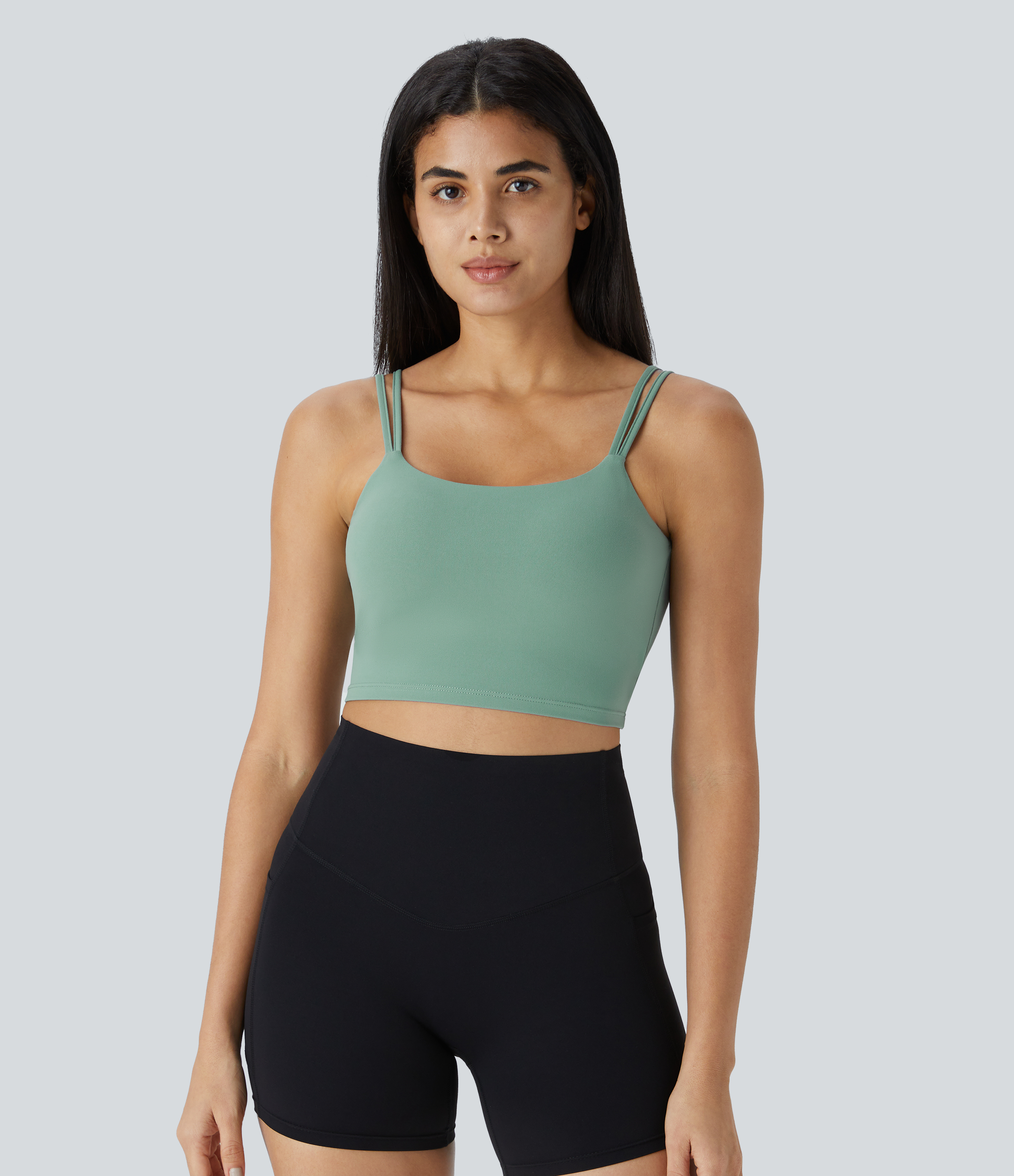 Halara In My Feels Double Straps Backless Twisted Cropped Yoga Tank Top Tank Top - Hedge Green - L golf tops halter top tunic tops 