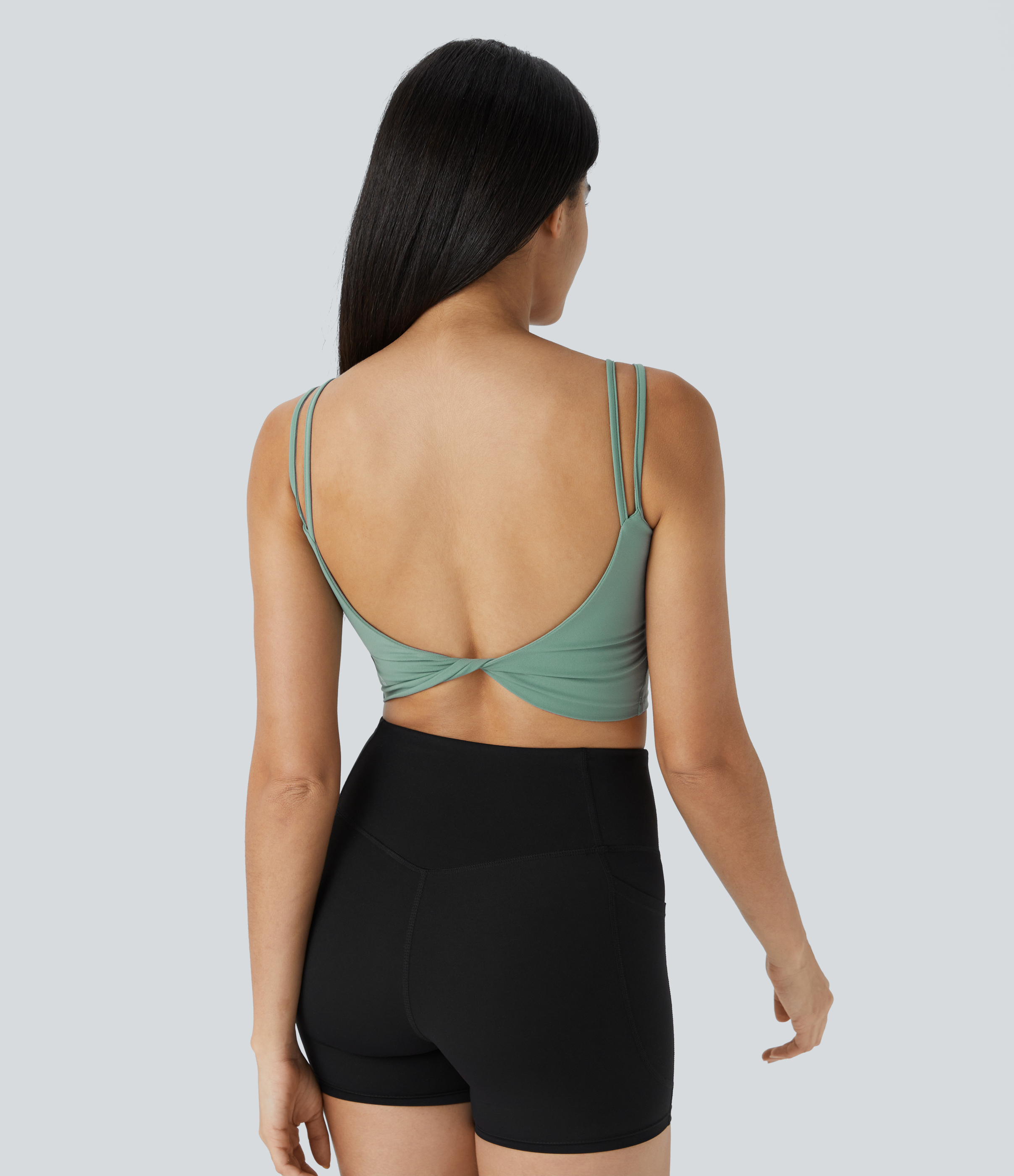 Halara In My Feels Double Straps Backless Twisted Cropped Yoga Tank Top Tank Top - Hedge Green - L golf tops halter top tunic tops 