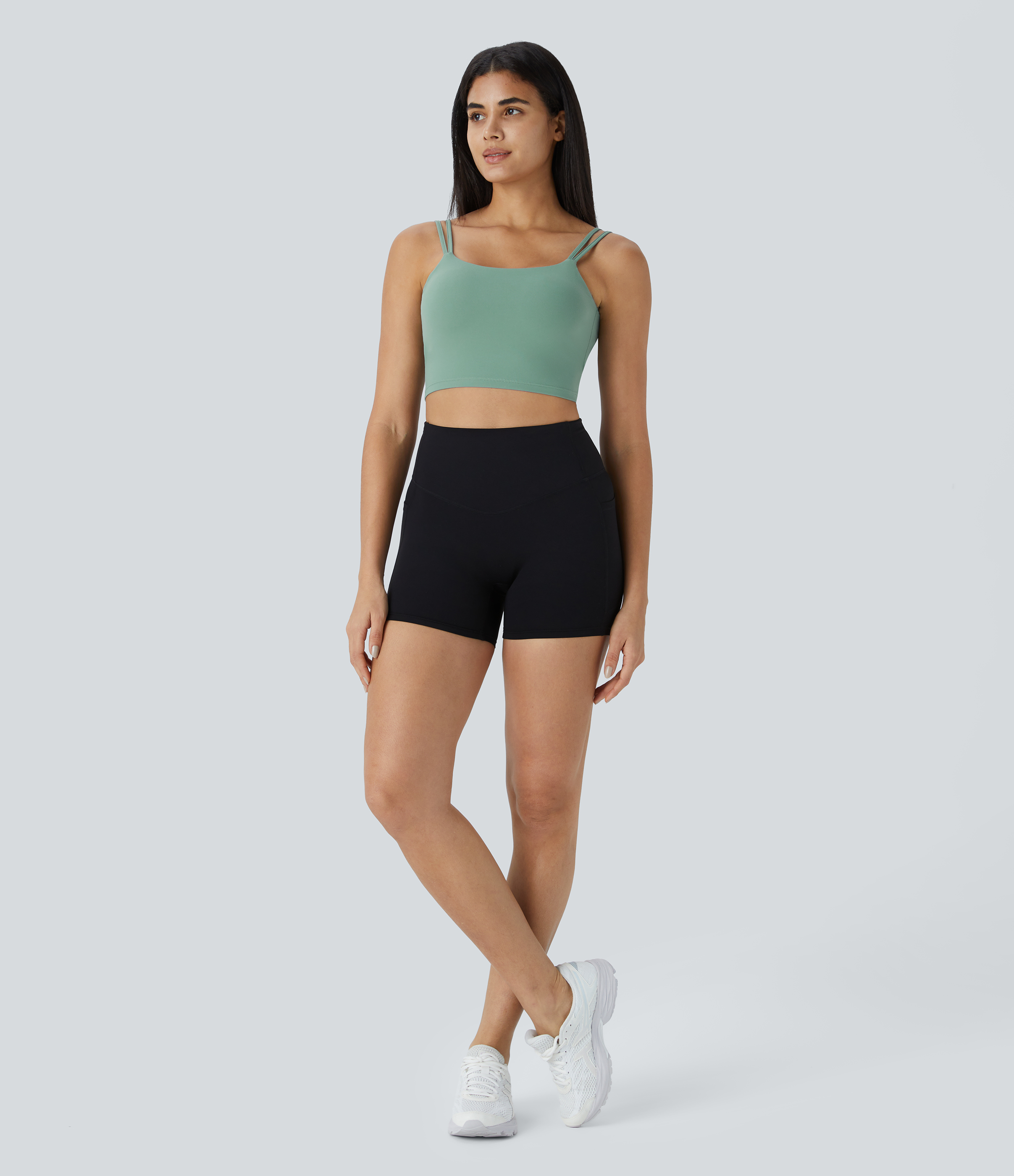 Halara In My Feels Double Straps Backless Twisted Cropped Yoga Tank Top Tank Top - Hedge Green - L golf tops halter top tunic tops 