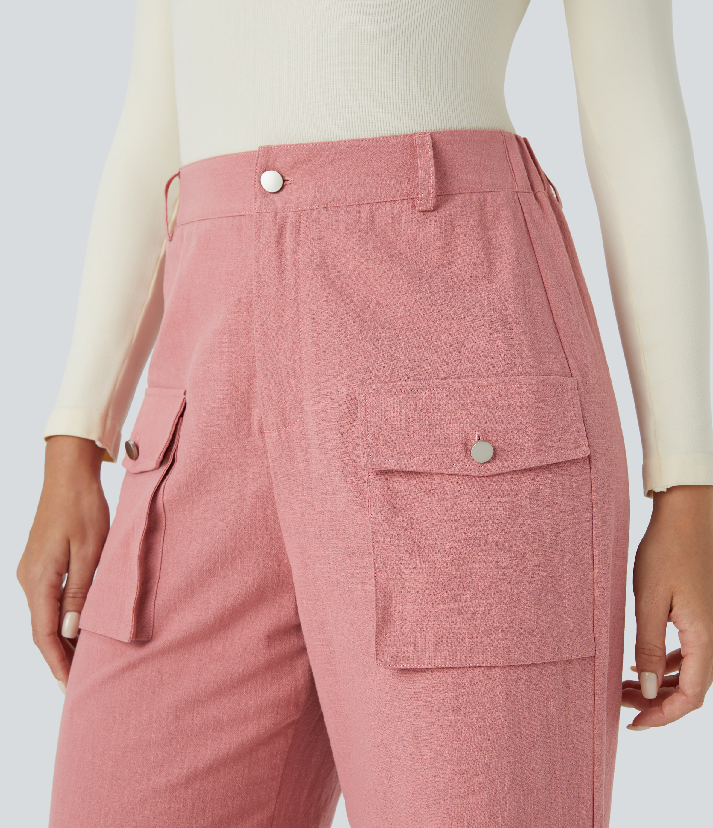 Halara High Waisted Button Zipper Side Flap Cargo Pocket Wide Leg Casual Cotton Pants  - Rosette - S(regular) sweatpants jogger pants 