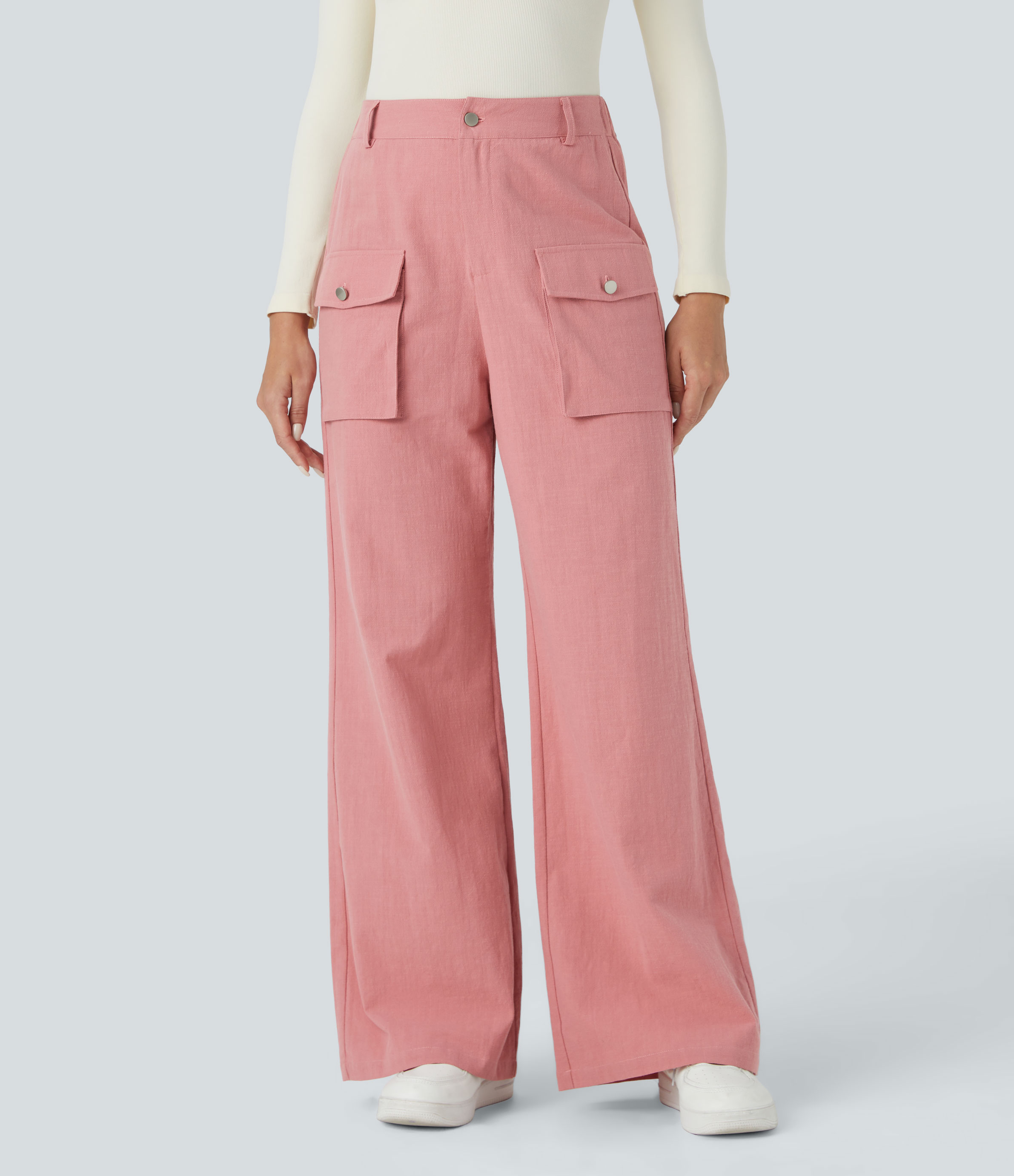 Halara High Waisted Button Zipper Side Flap Cargo Pocket Wide Leg Casual Cotton Pants  - Rosette - S(regular) sweatpants jogger pants 