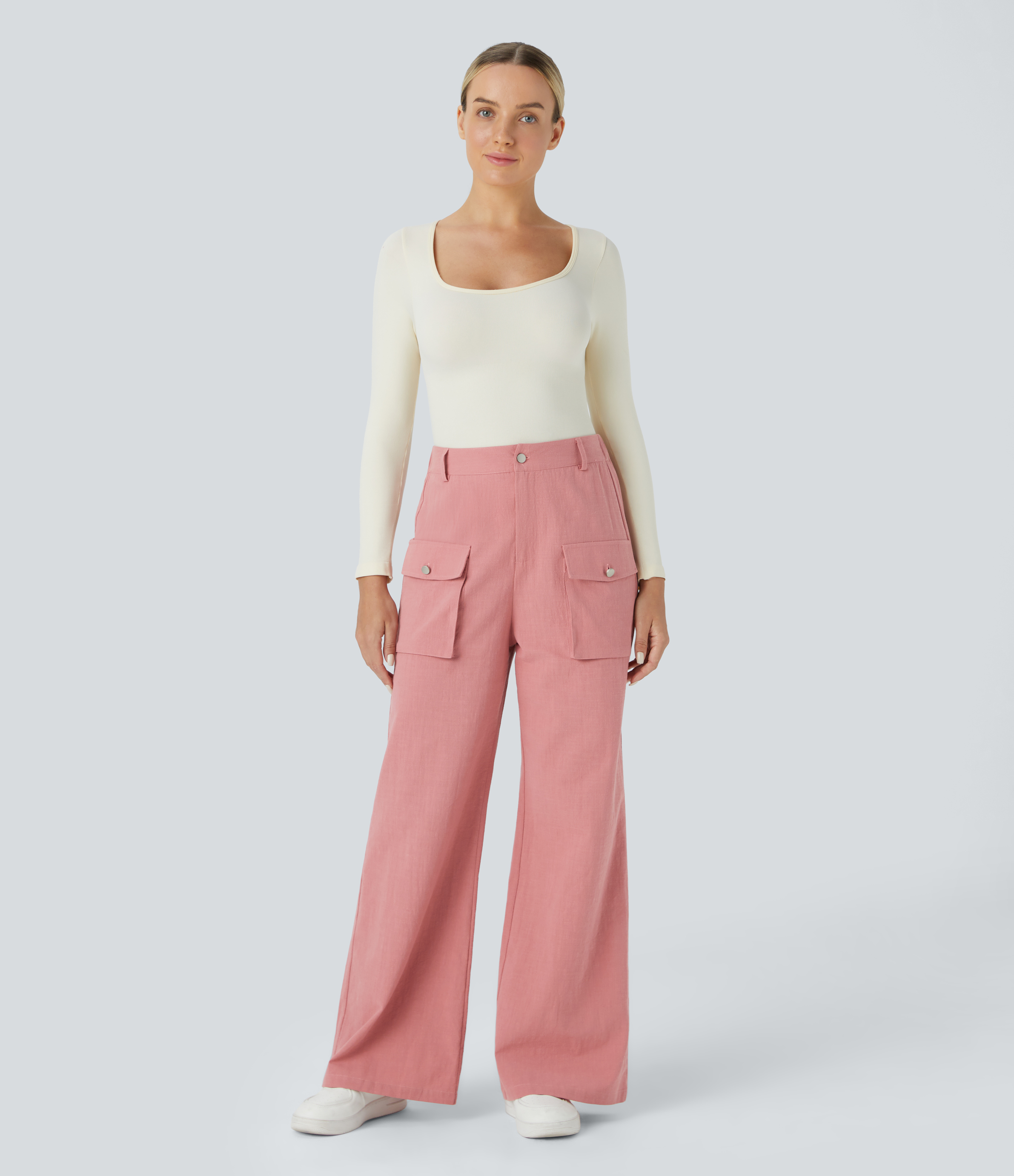 Halara High Waisted Button Zipper Side Flap Cargo Pocket Wide Leg Casual Cotton Pants  - Rosette - S(regular) sweatpants jogger pants 