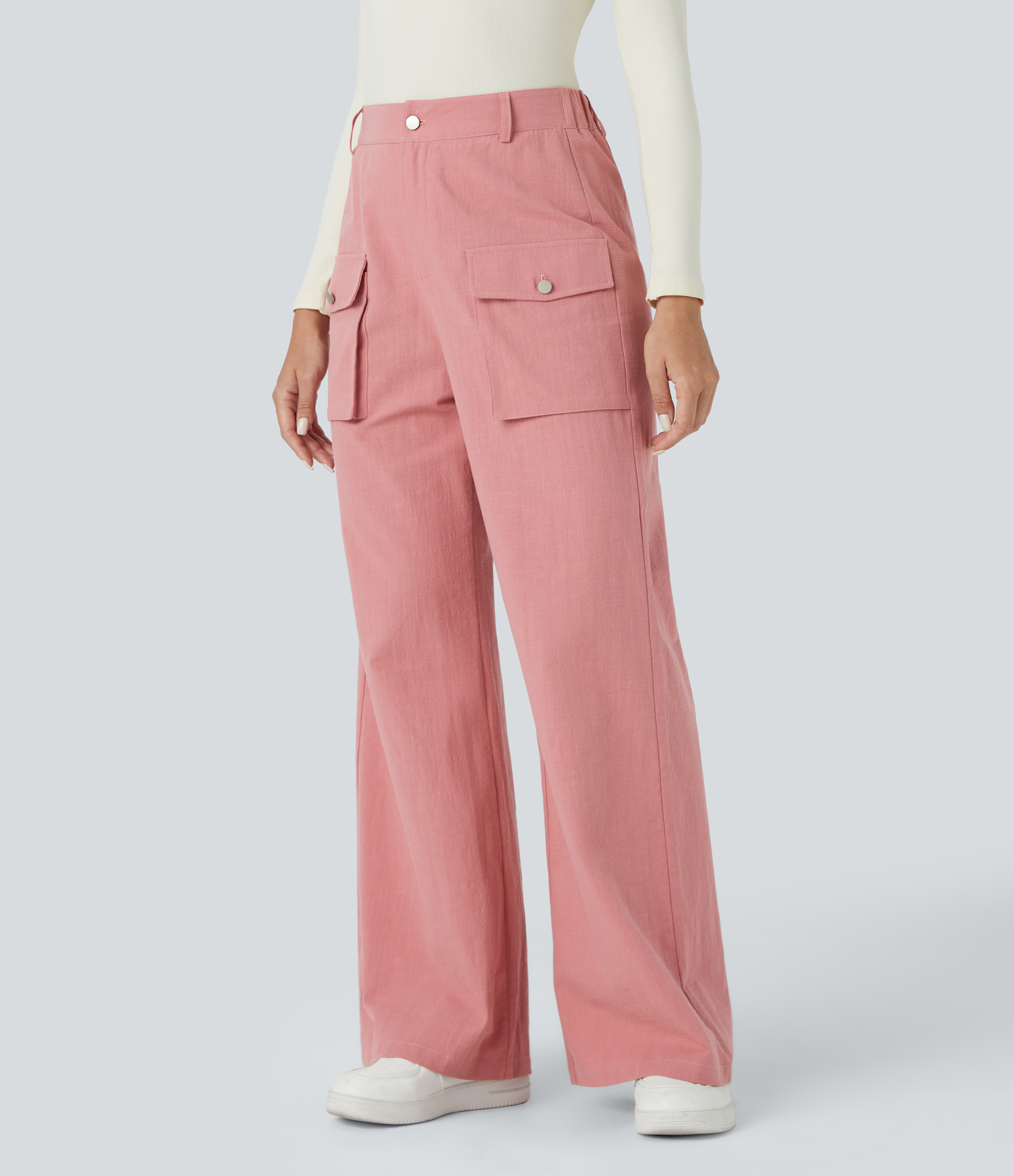 Halara High Waisted Button Zipper Side Flap Cargo Pocket Wide Leg Casual Cotton Pants  - Rosette - S(regular) sweatpants jogger pants 