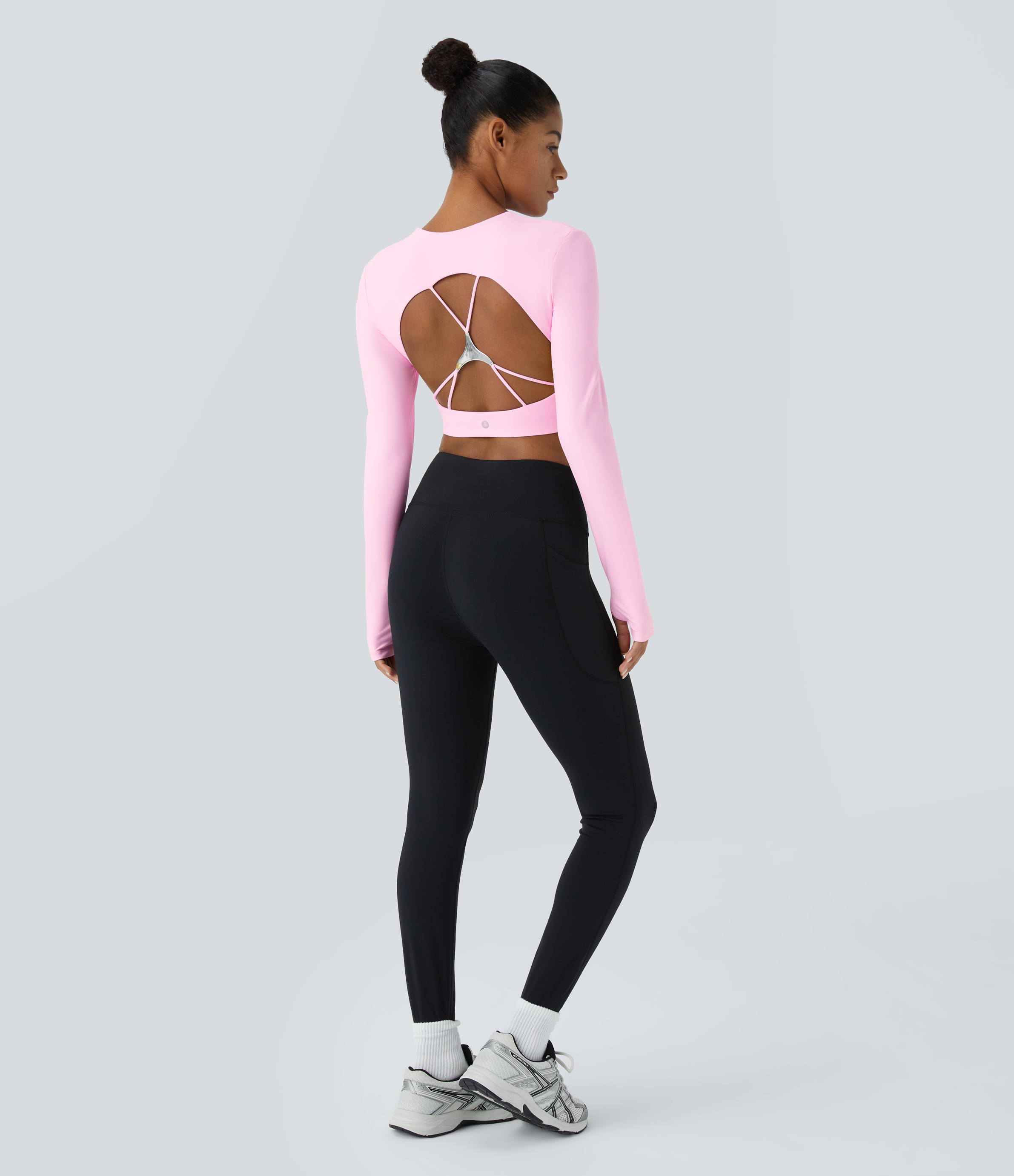 Halara Softlyzeroв„ў Plush Square Neck Backless Long Sleeve Thumb Hole Cropped Yoga Sports Top  - Nosegay - L 