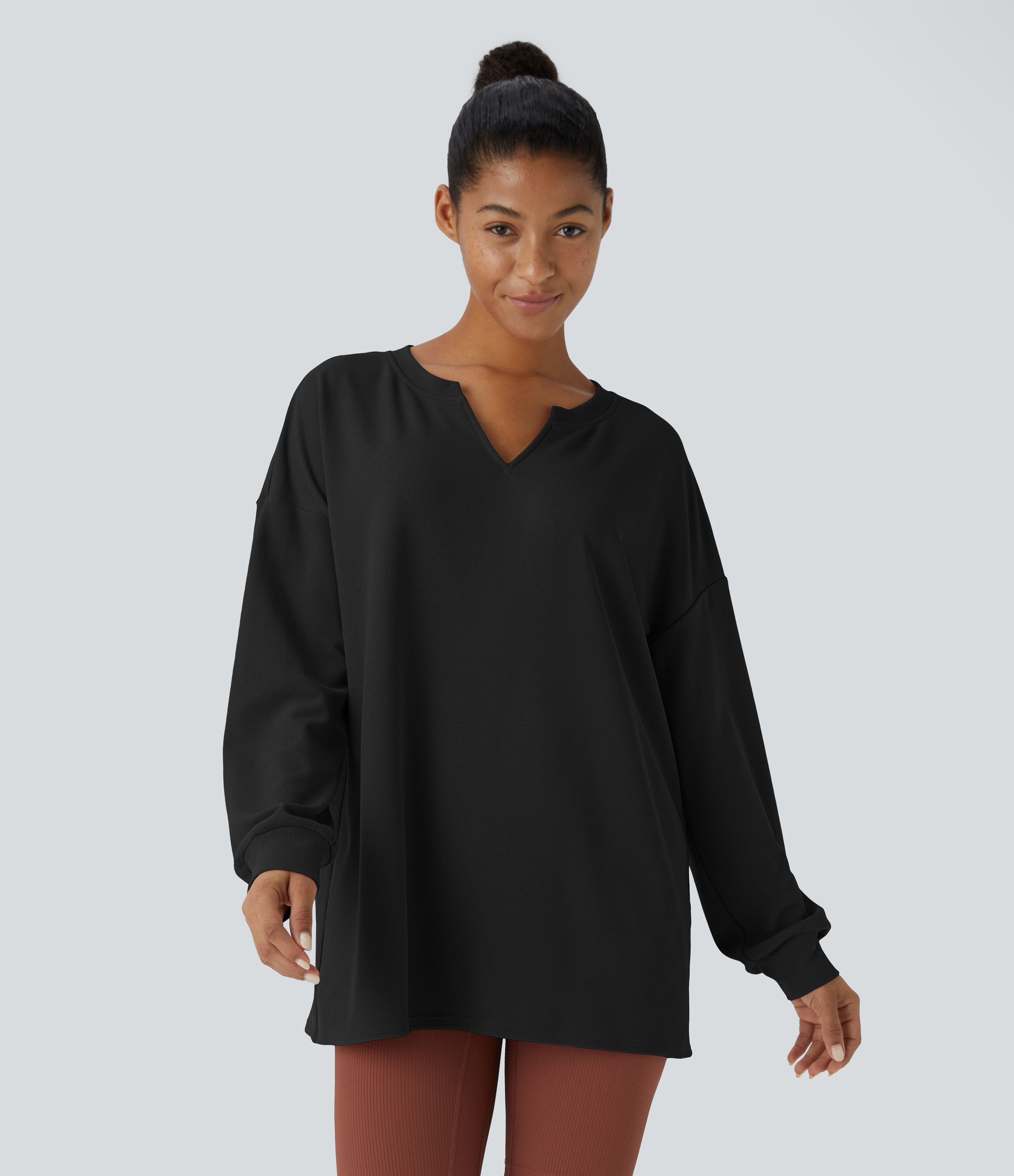 Halara V Neck Dropped Shoulder Relaxed Waffle Casual Sweatshirt  - Black - XS 